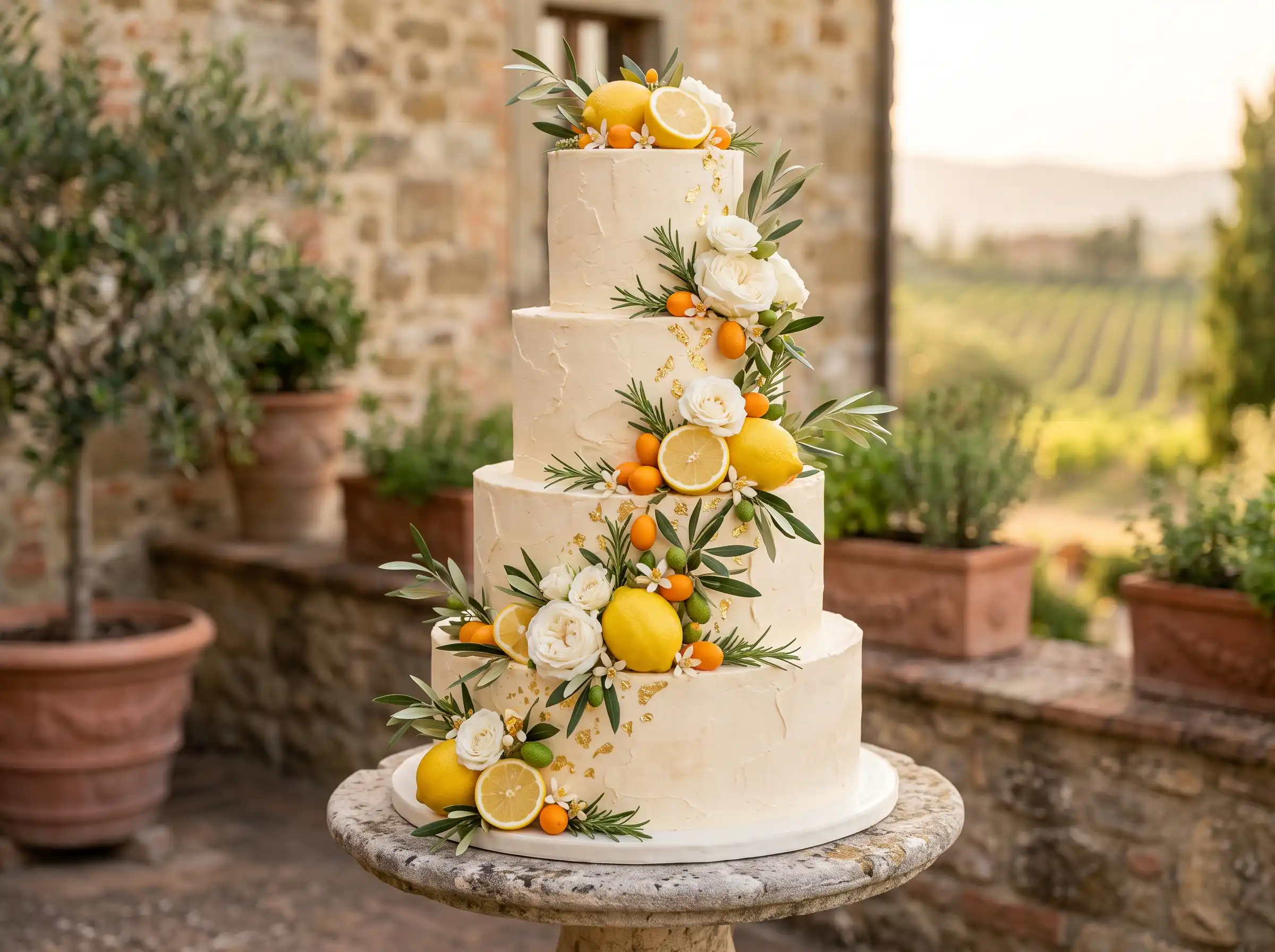 Sun-kissed Tuscan wedding cake with lemon and orange citrus fruit accents