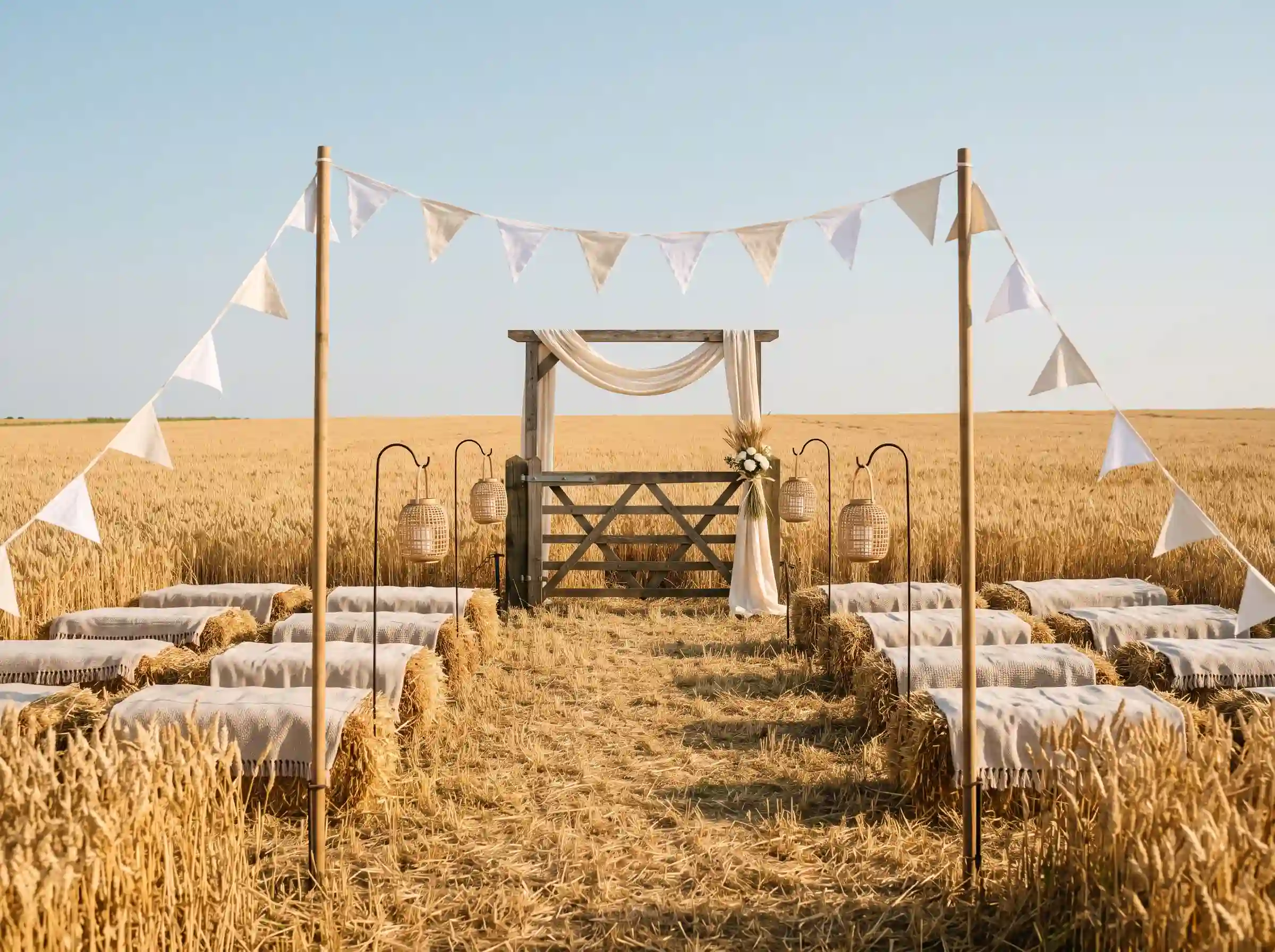 Golden wheat field wedding ceremony with wooden shepherd hooks cotton bunting and weathered farm gate altar