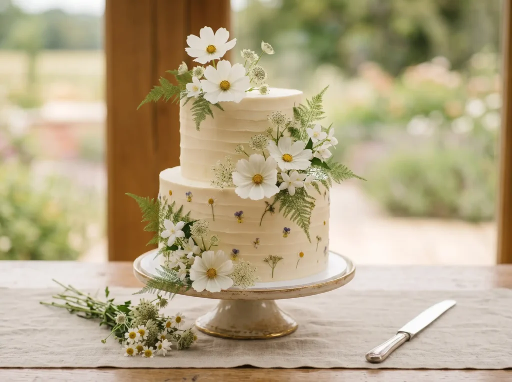 White Meadow Poetry Inspiration Keeping the ele Wedding cake with wildflowers K