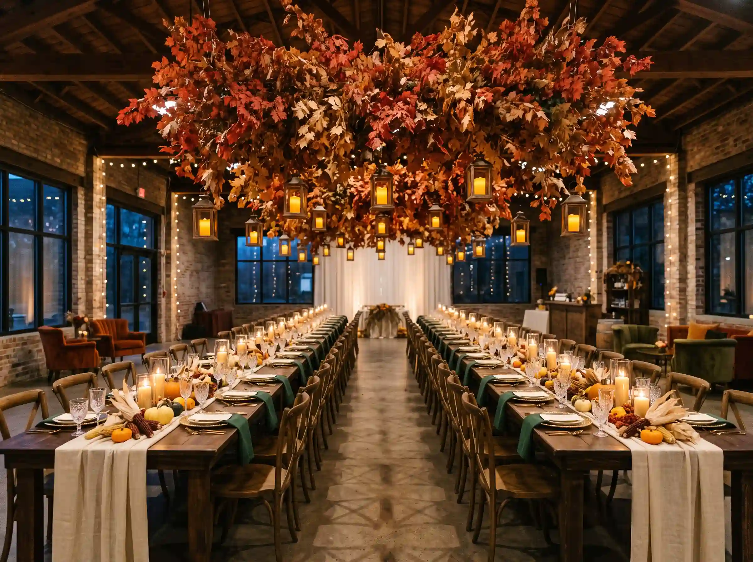 Industrial reception hall with suspended autumn maple leaf canopy lanterns and long farmhouse table