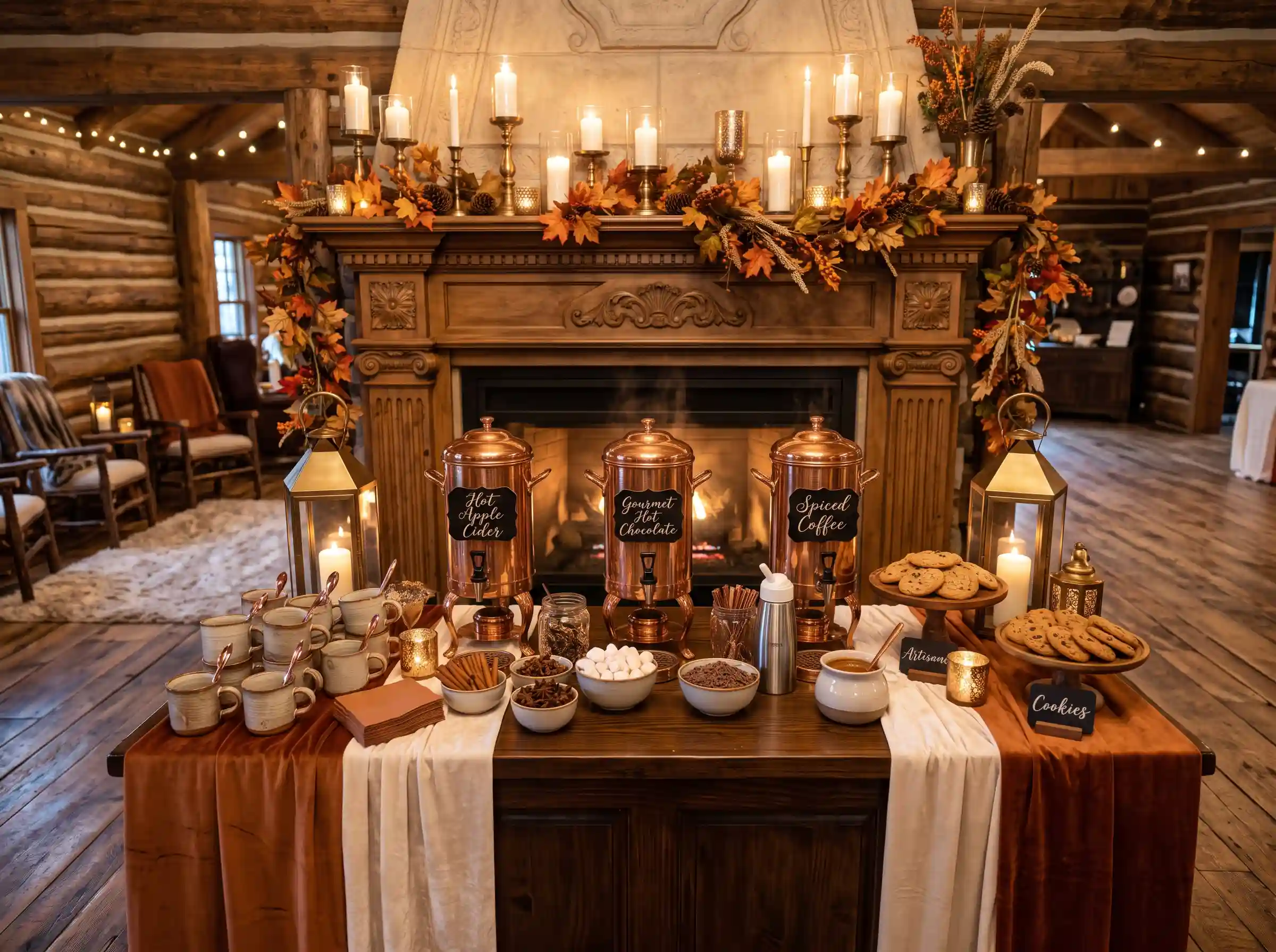 Cozy hot beverage station with copper dispensers fireplace mantel and autumn garlands at lodge wedding