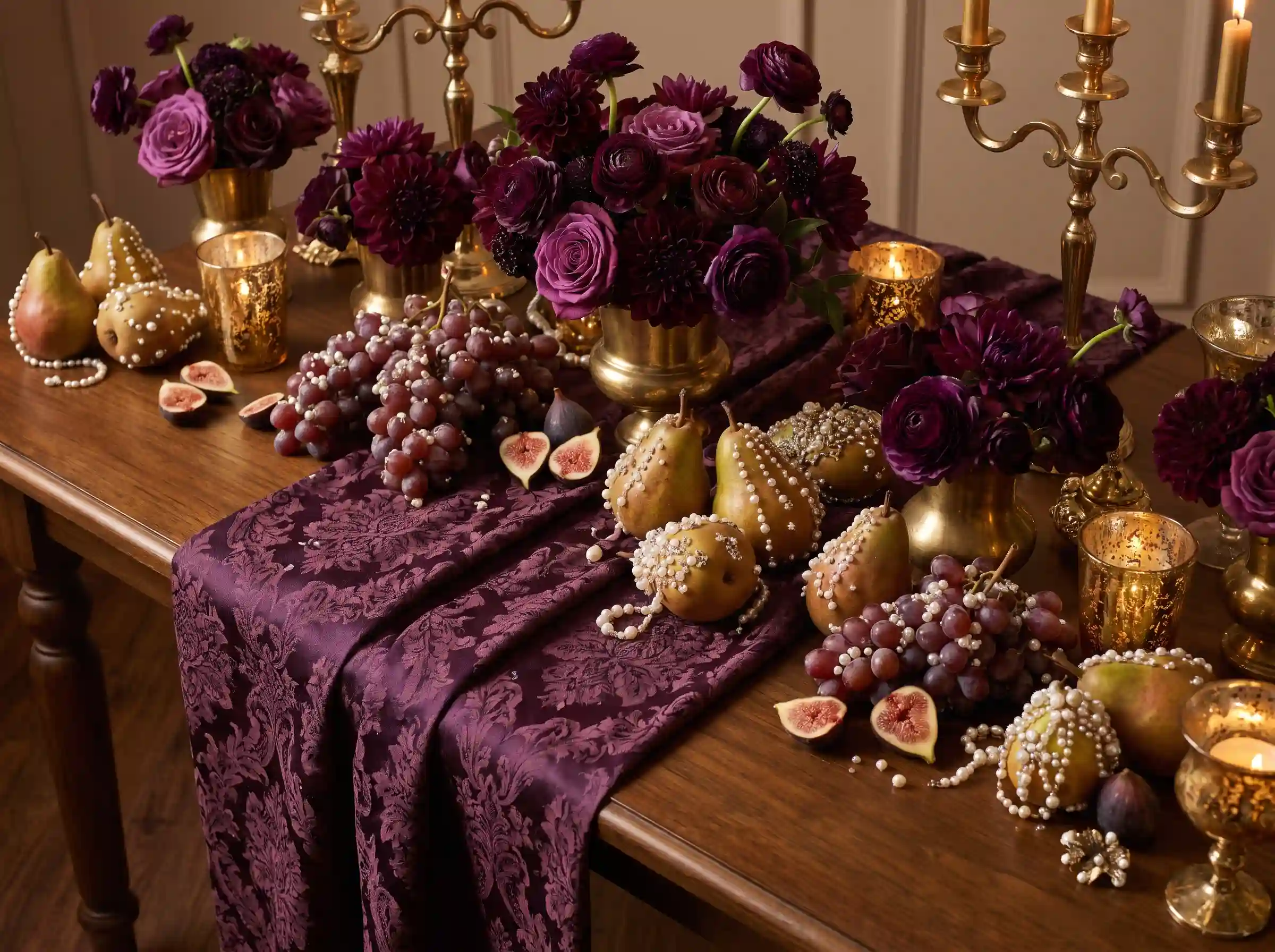 Baroque style wedding table with pearl studded fruits ornate details and still life opulence
