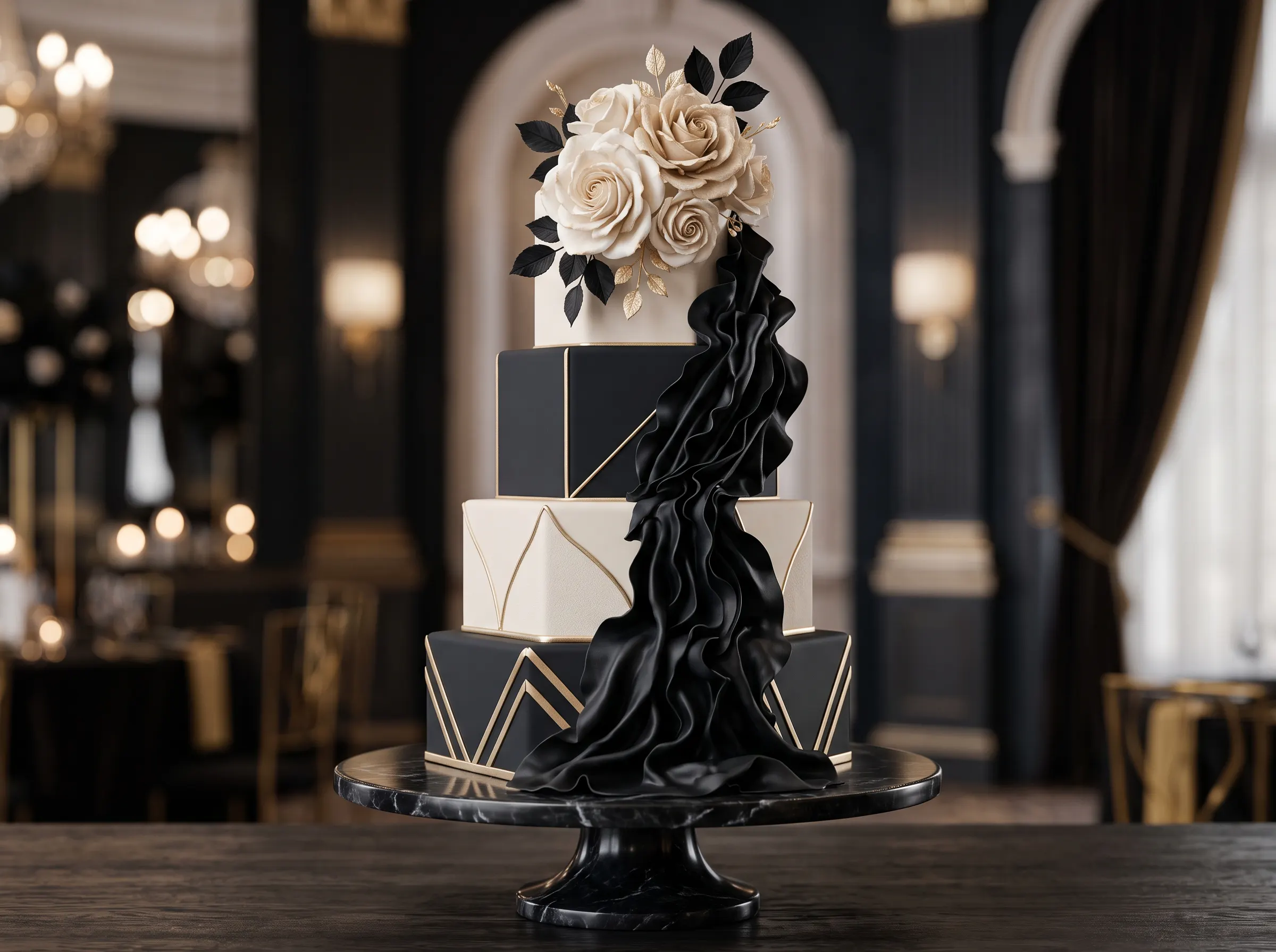 High-fashion black and ivory couture wedding cake with bold contrast design