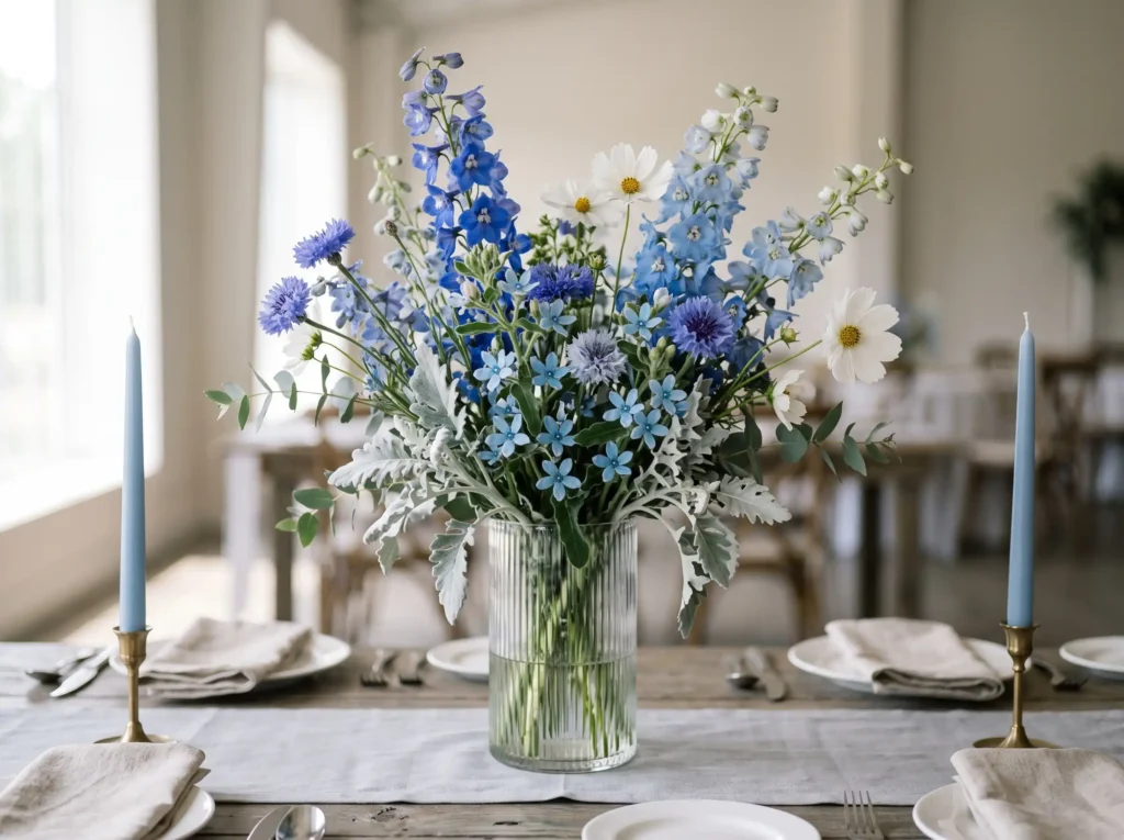 Blue Meadow Elegance Inspiration Cool blue flor Blue floral arrangement receptio… K