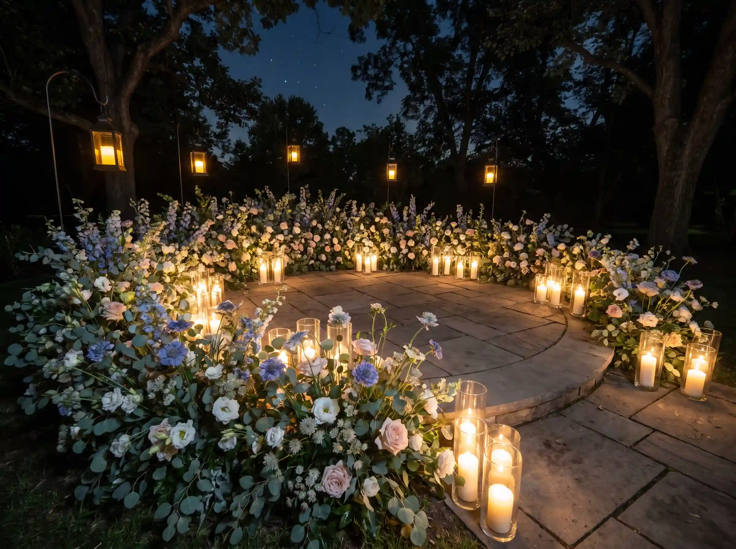 Slate blue scabiosa with white lisianthus and hundreds of pillar candles in a modern moonlit garden wedding ceremony