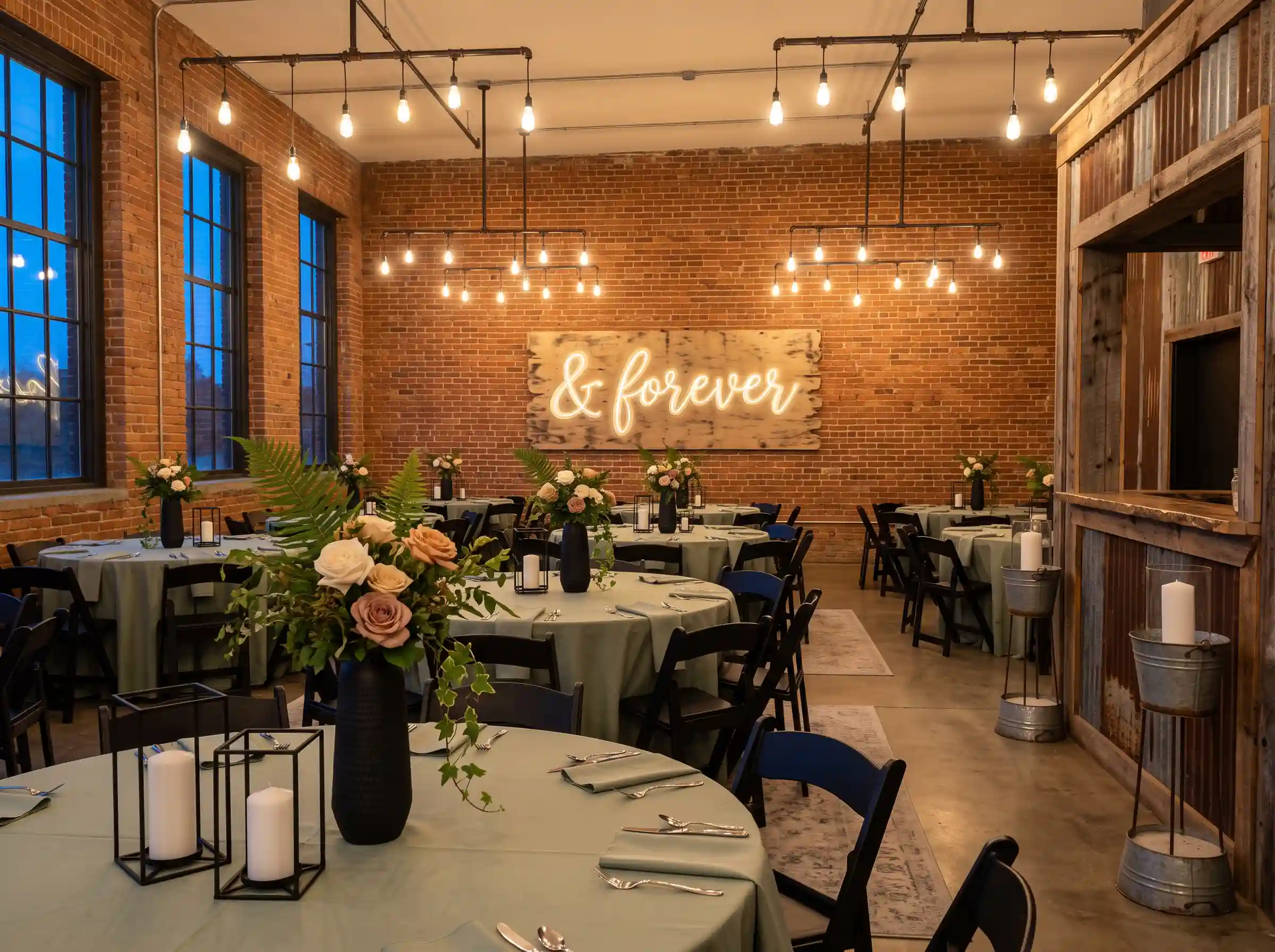 Industrial rustic wedding reception with exposed brick walls sage linen tables and matte black geometric candle holders