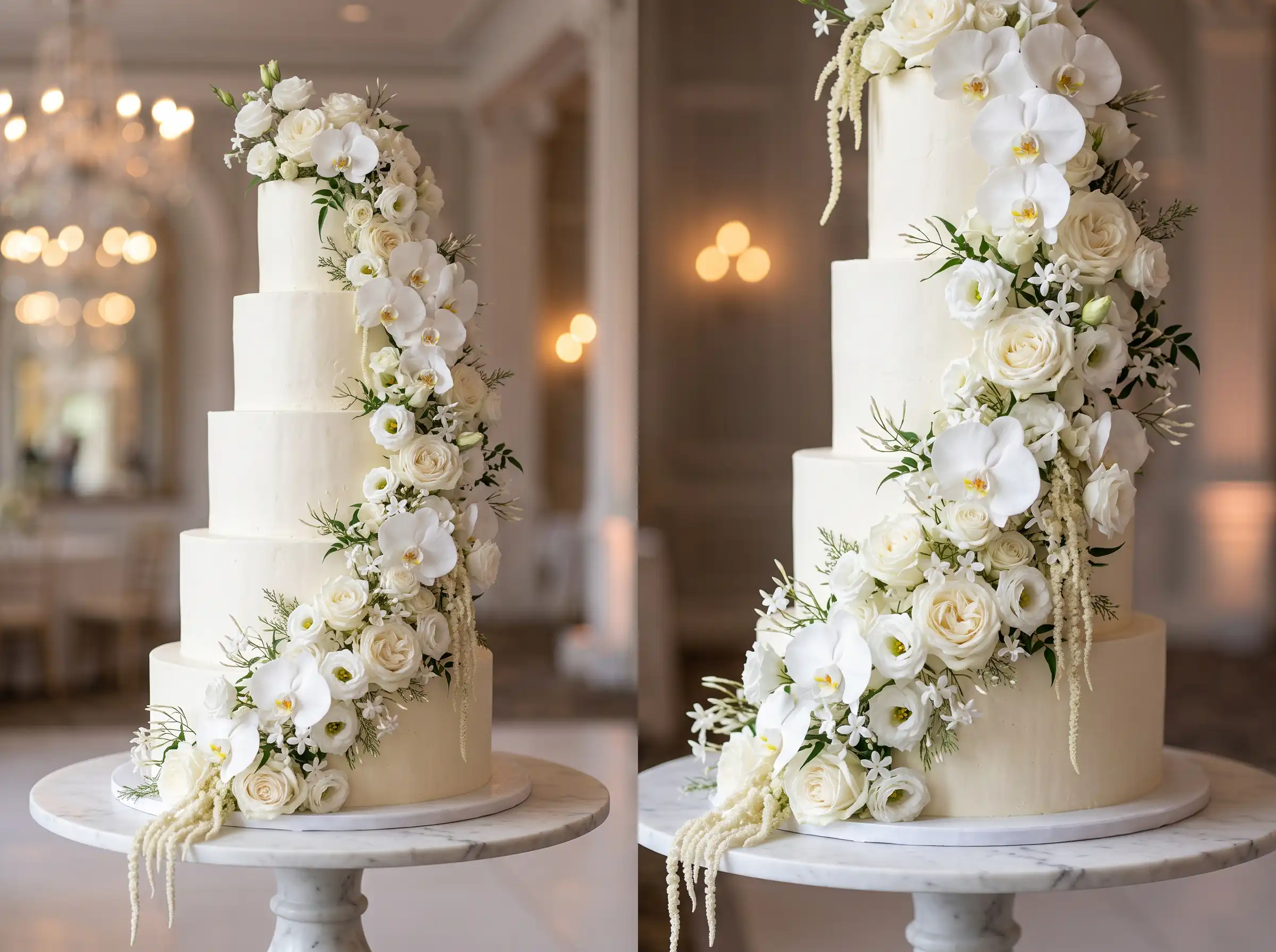 Elegant all-white cascading garden wedding cake with mixed white flowers and lush green foliage