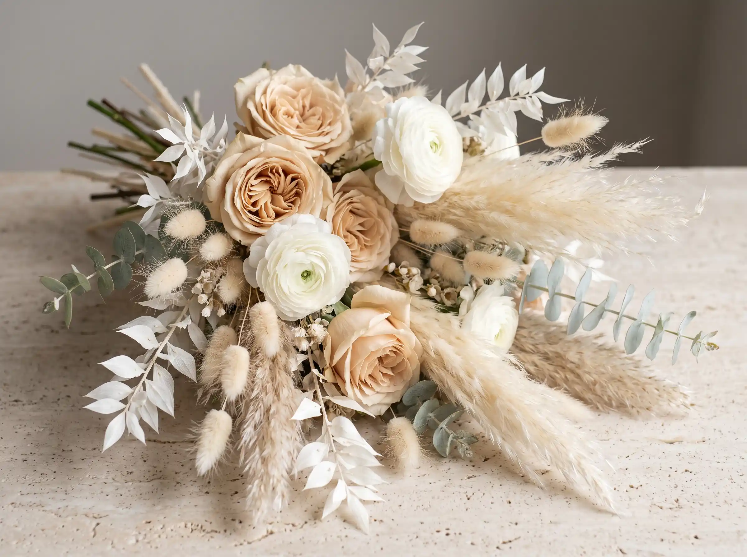 Modern champagne garden rose bouquet with pampas grass and bunny tails accents