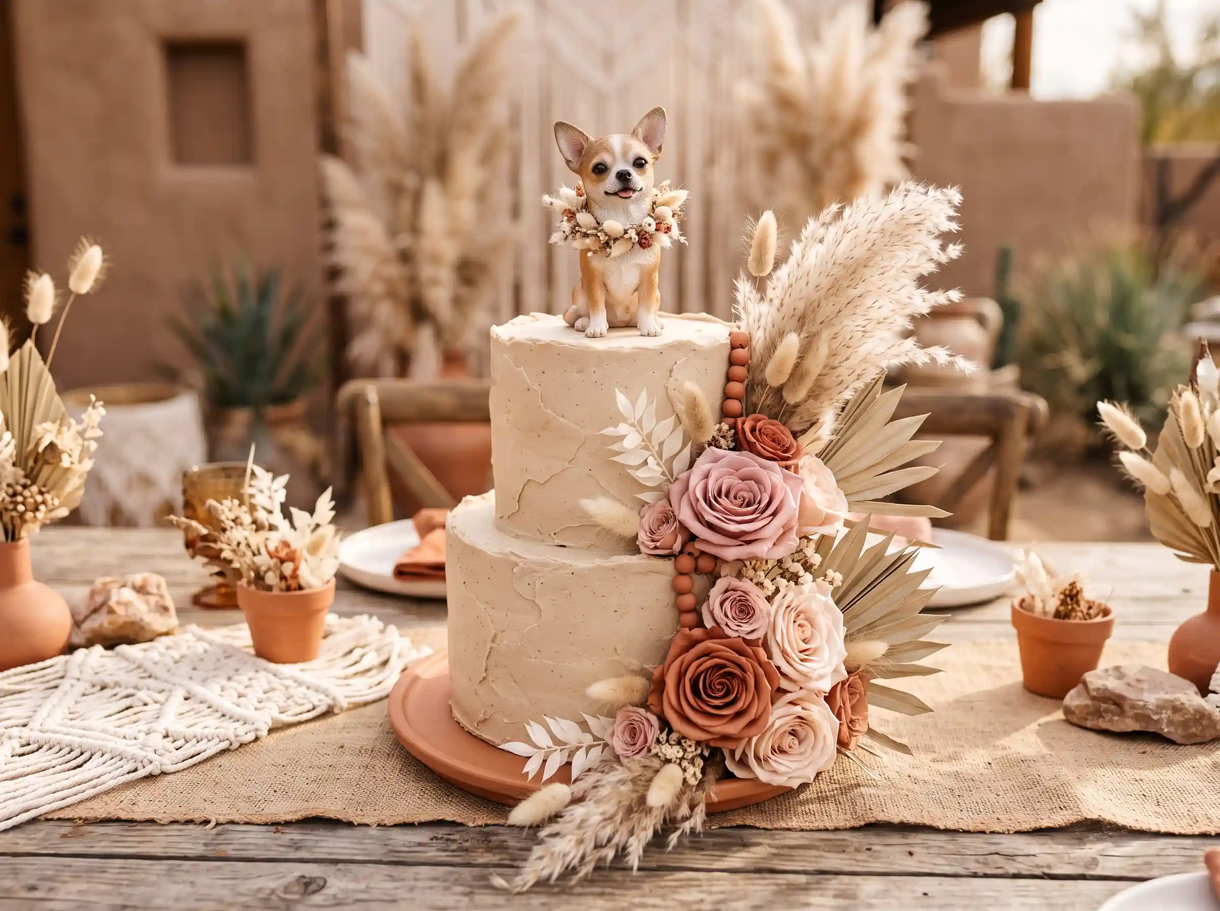 Earthy Southwestern boho wedding cake with chihuahua figurine topper and desert tones