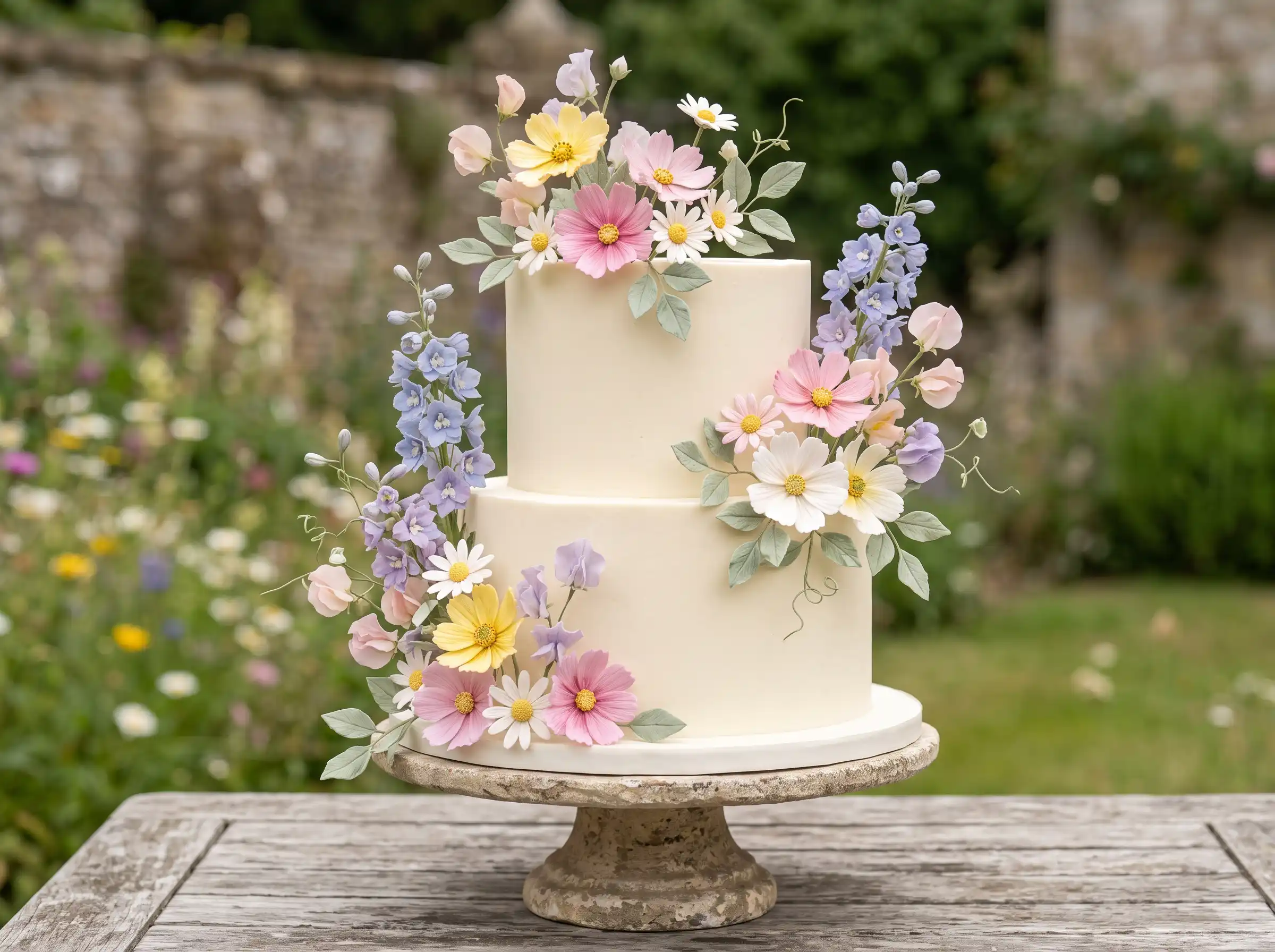Romantic two-tier wedding cake covered in wild sugar flowers inspired by English cottage gardens