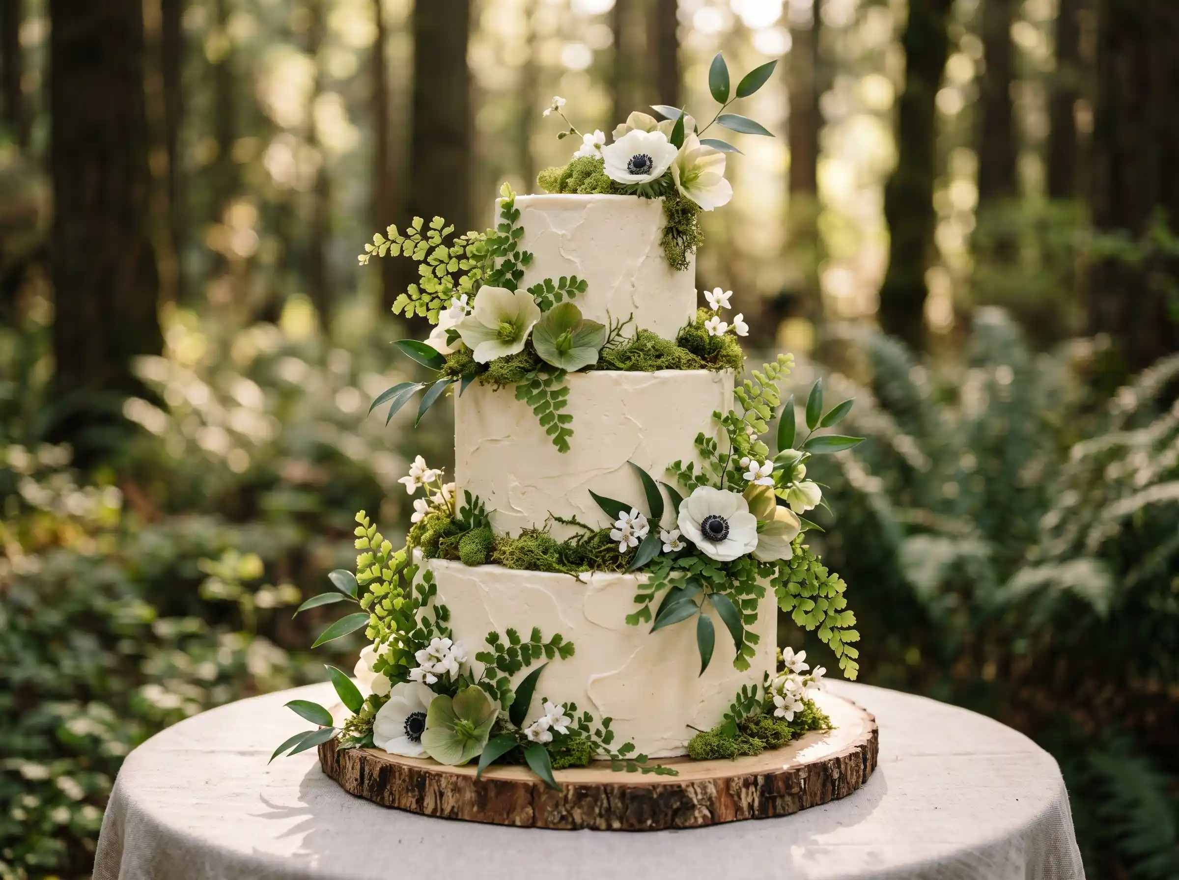 Enchanted woodland wedding cake with forest moss accents and romantic earthy green tones