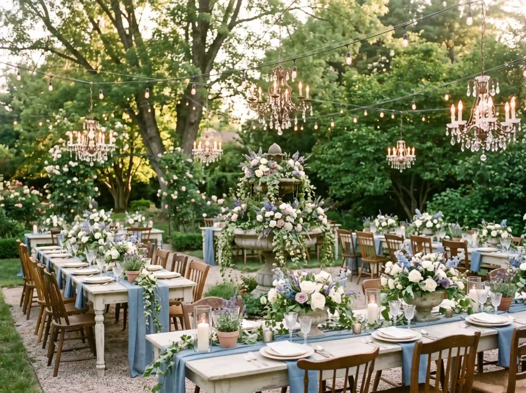 French Country Garden Dinner Inspiration A char Garden dinner with floral fountain