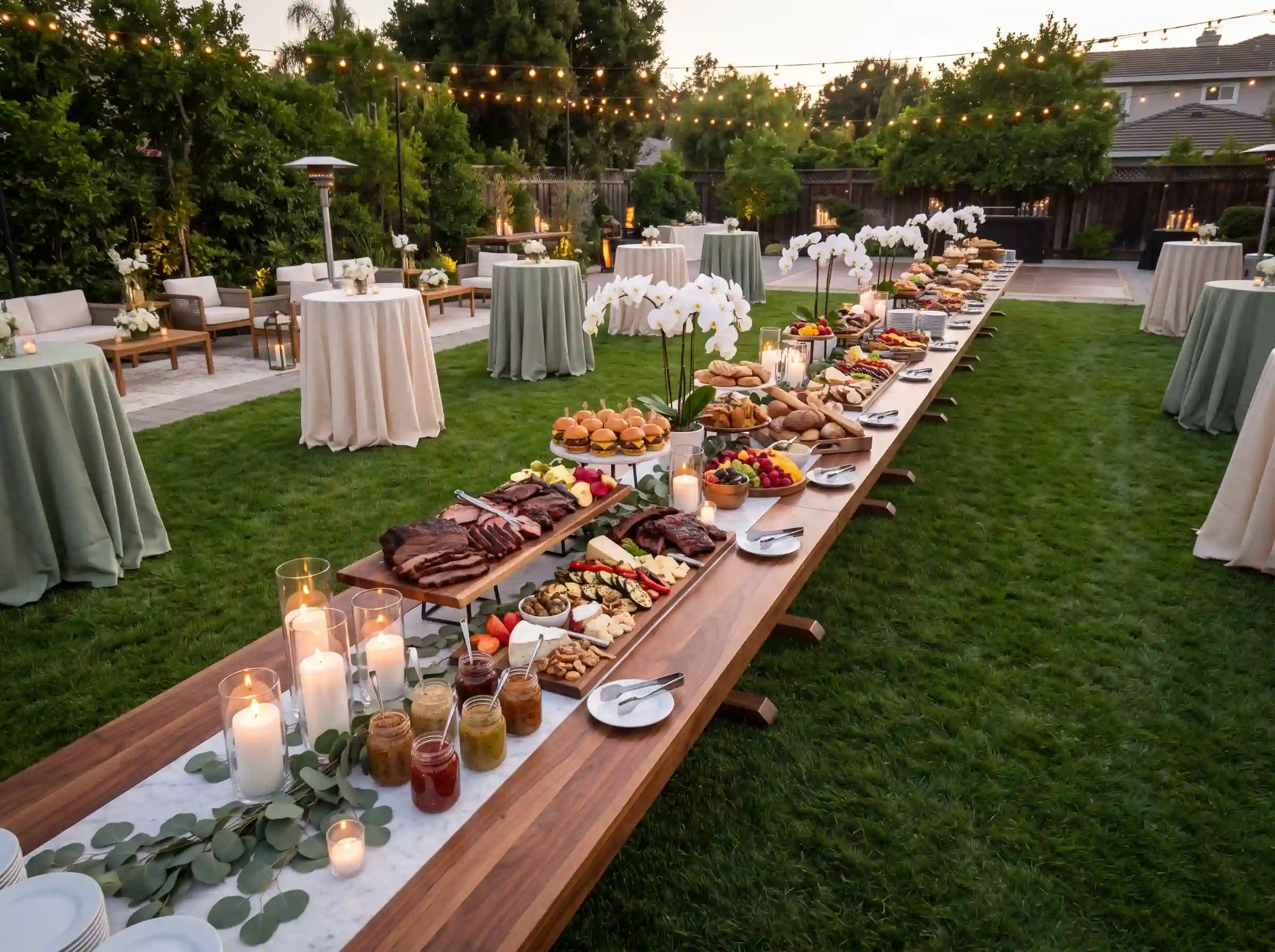 Gourmet BBQ and charcuterie wedding celebration with marble and wood grazing stations and orchids