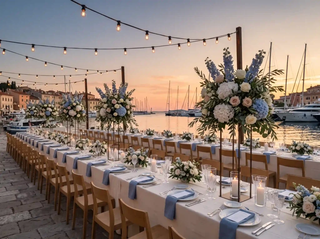 Harbor Sunset Reception Inspiration Waterfront Harbor reception with banquet ta…