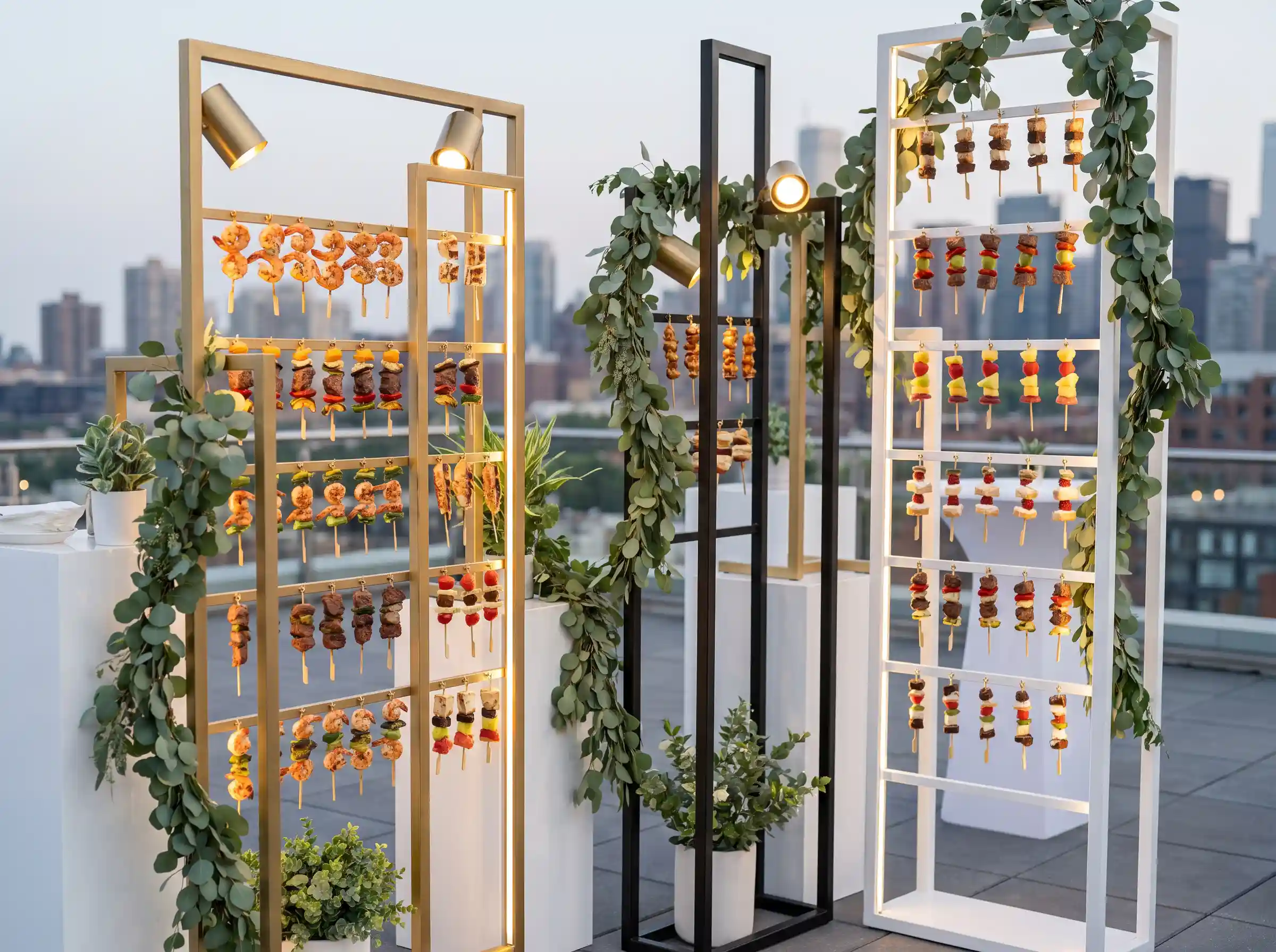 Interactive gourmet skewer gallery with vertical display frames colorful skewers and brushed gold accents
