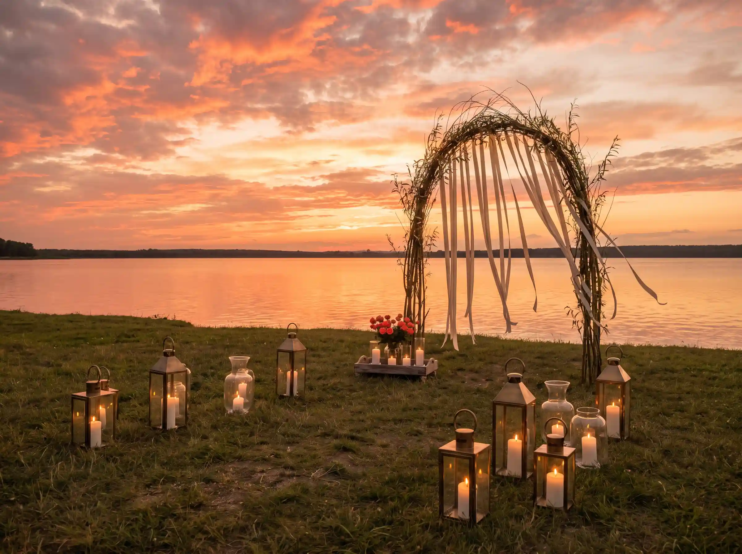 Minimal lakeside sunset ceremony with antique brass ground lanterns willow branch arch and coral roses