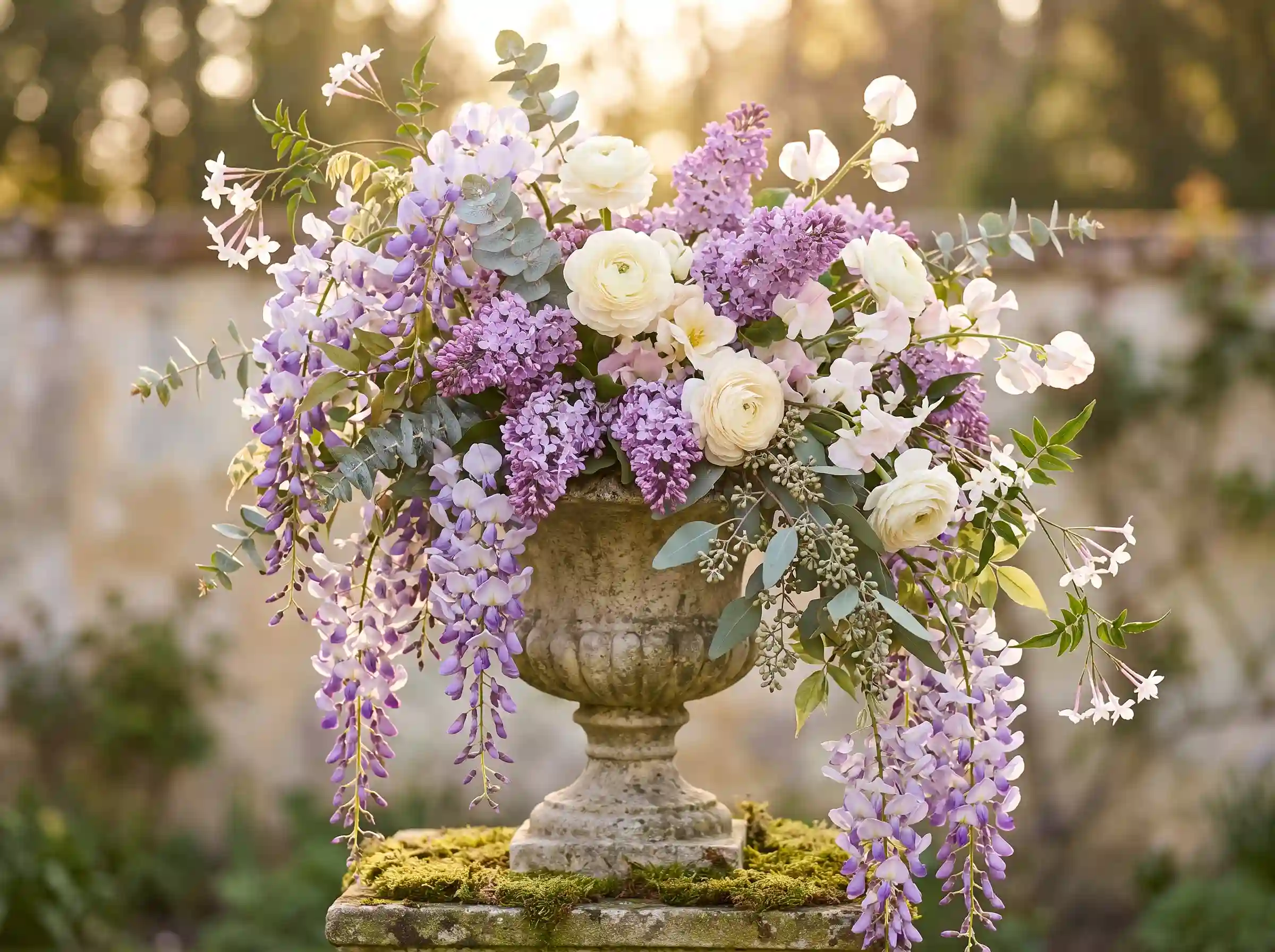 Lilac wisteria waterfall wedding floral design with cascading lavender blooms in antique stone urn