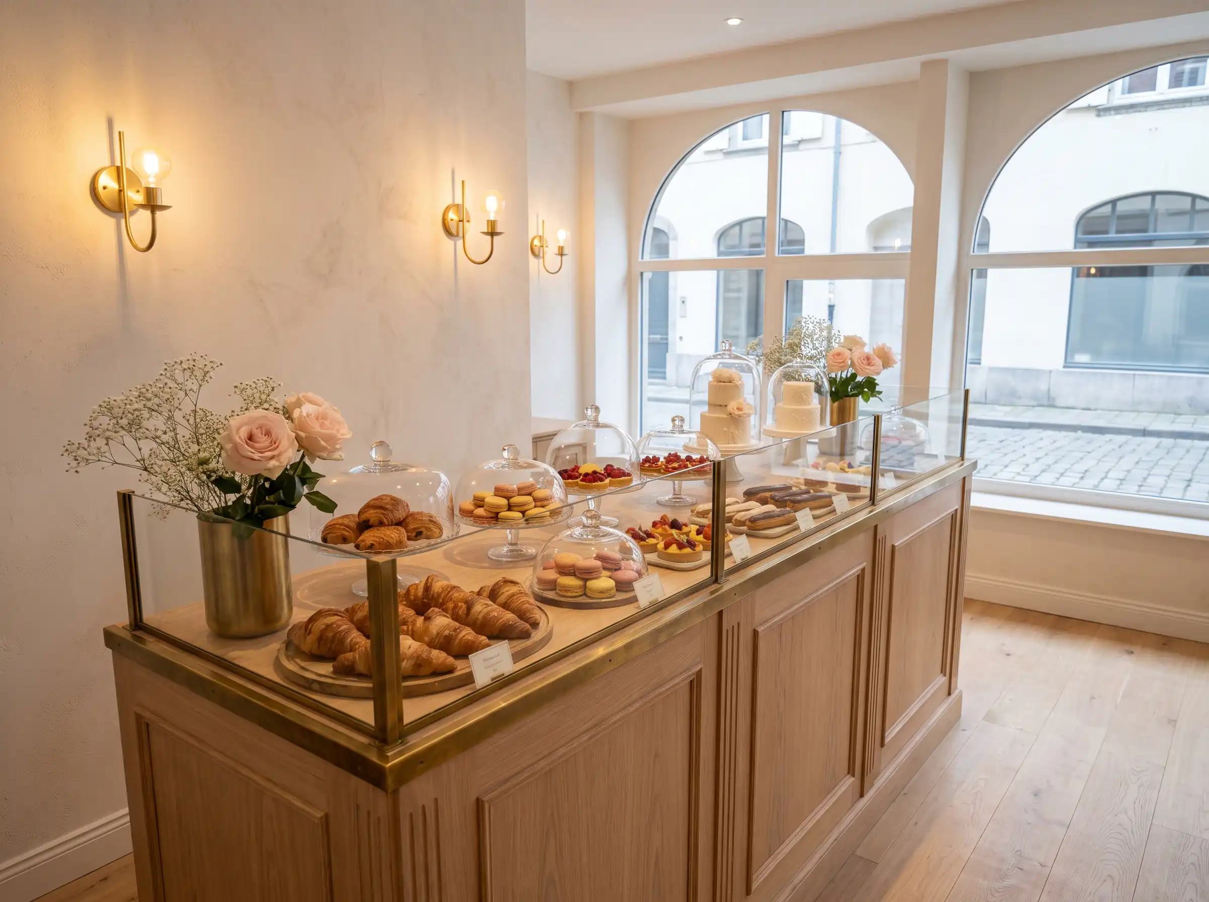 Parisian patisserie wedding display with glass domes croissants macarons and antique brass sconces