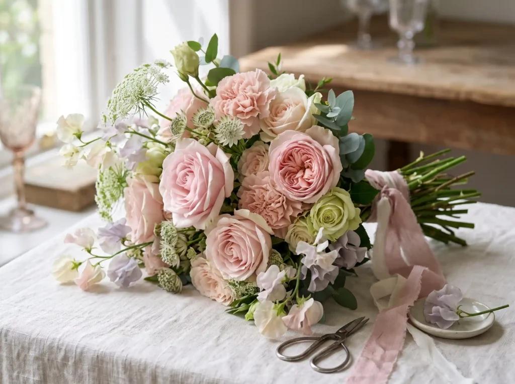Powder Pink Poetry Inspiration Gentle layers of Powder pink flowers bouquet K