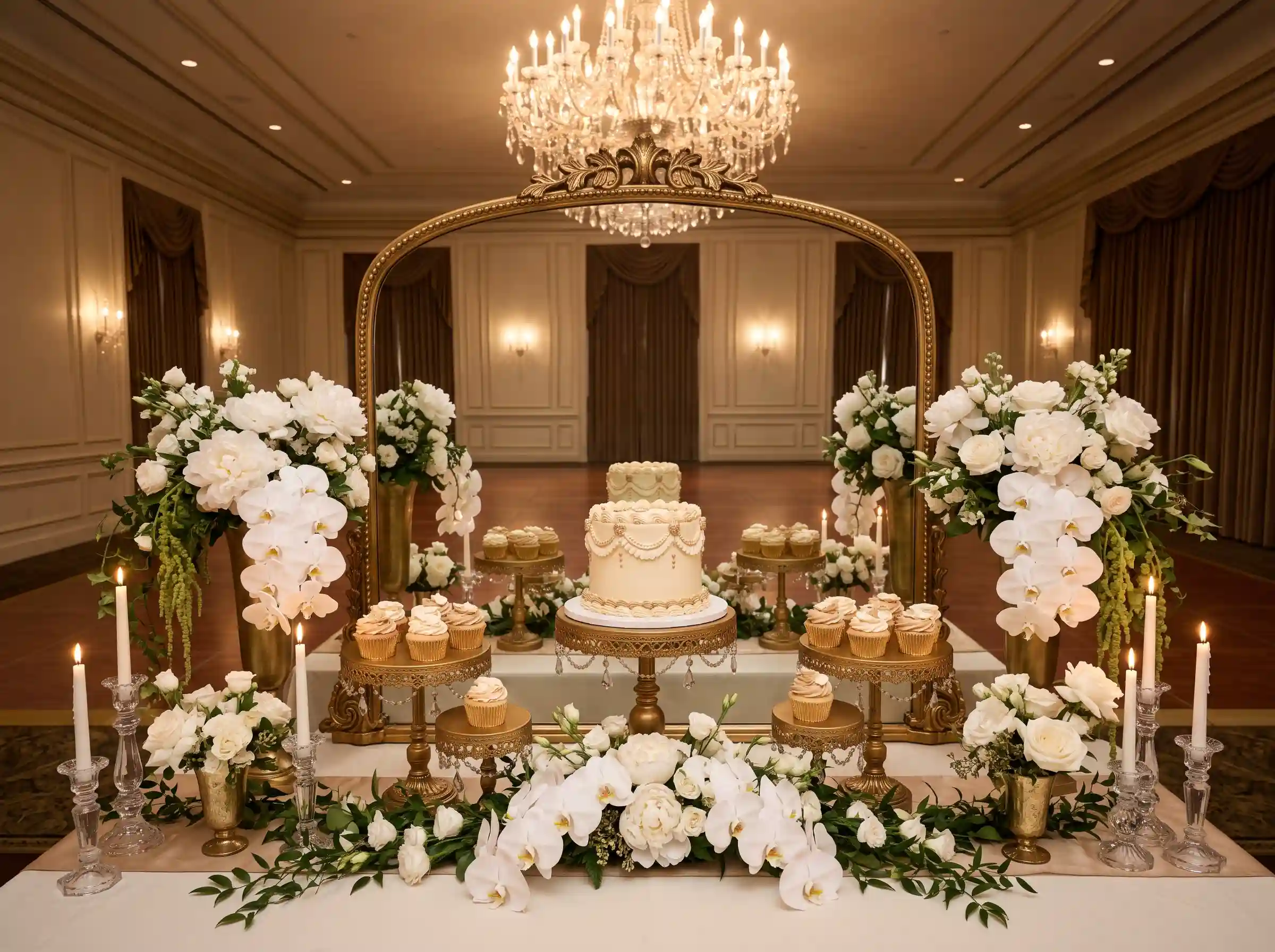 Royal palace inspired grand dessert display with opulent small wedding cake and cupcakes