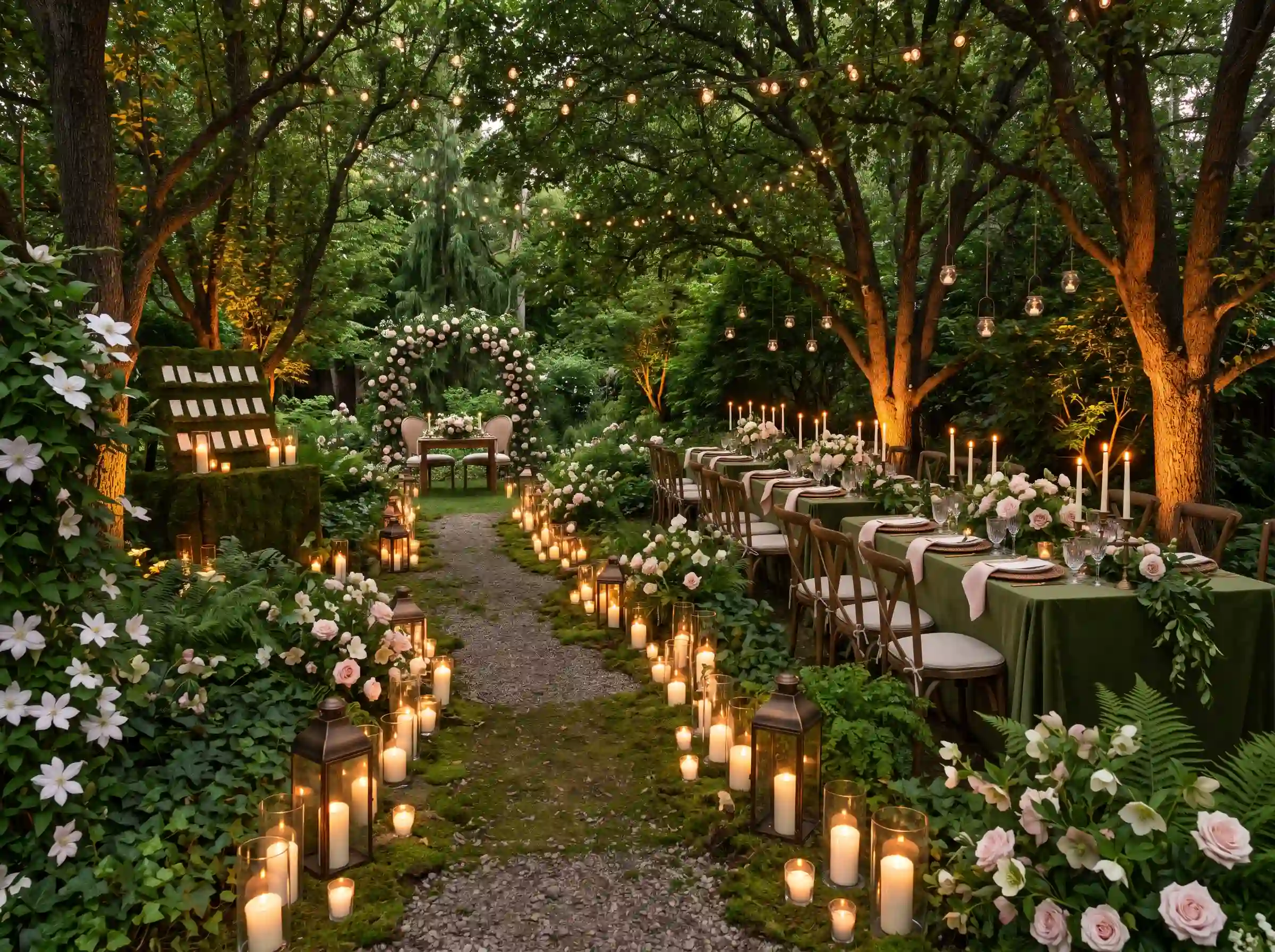 Romantic secret garden candle walk reception with hundreds of candles moss covered displays and trailing ivy