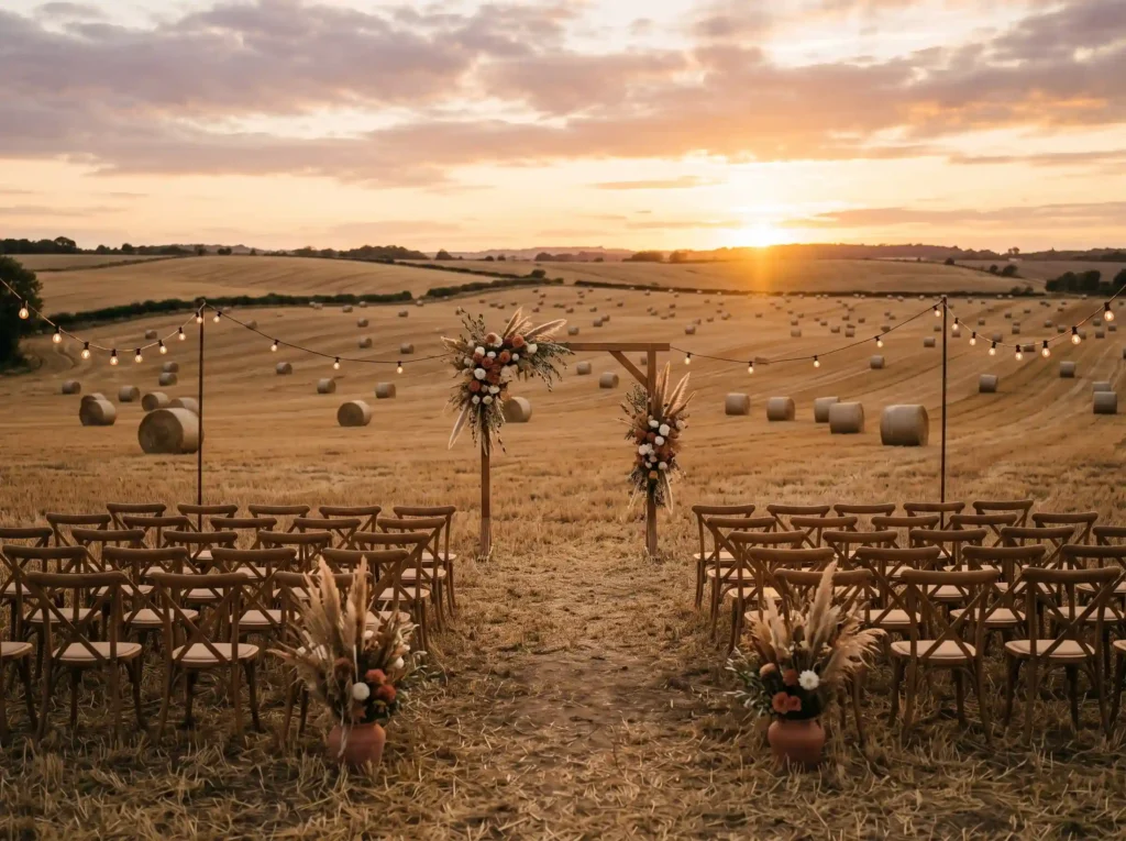 Sunset Hayfield Ceremony Inspiration Golden fie Sunset hayfield ceremony wooden …