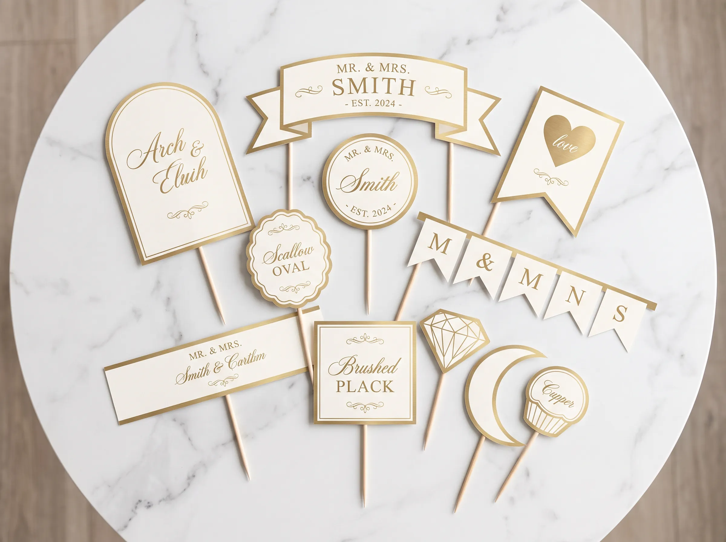 Canva editable wedding cake topper kit with eleven coordinating topper shapes
