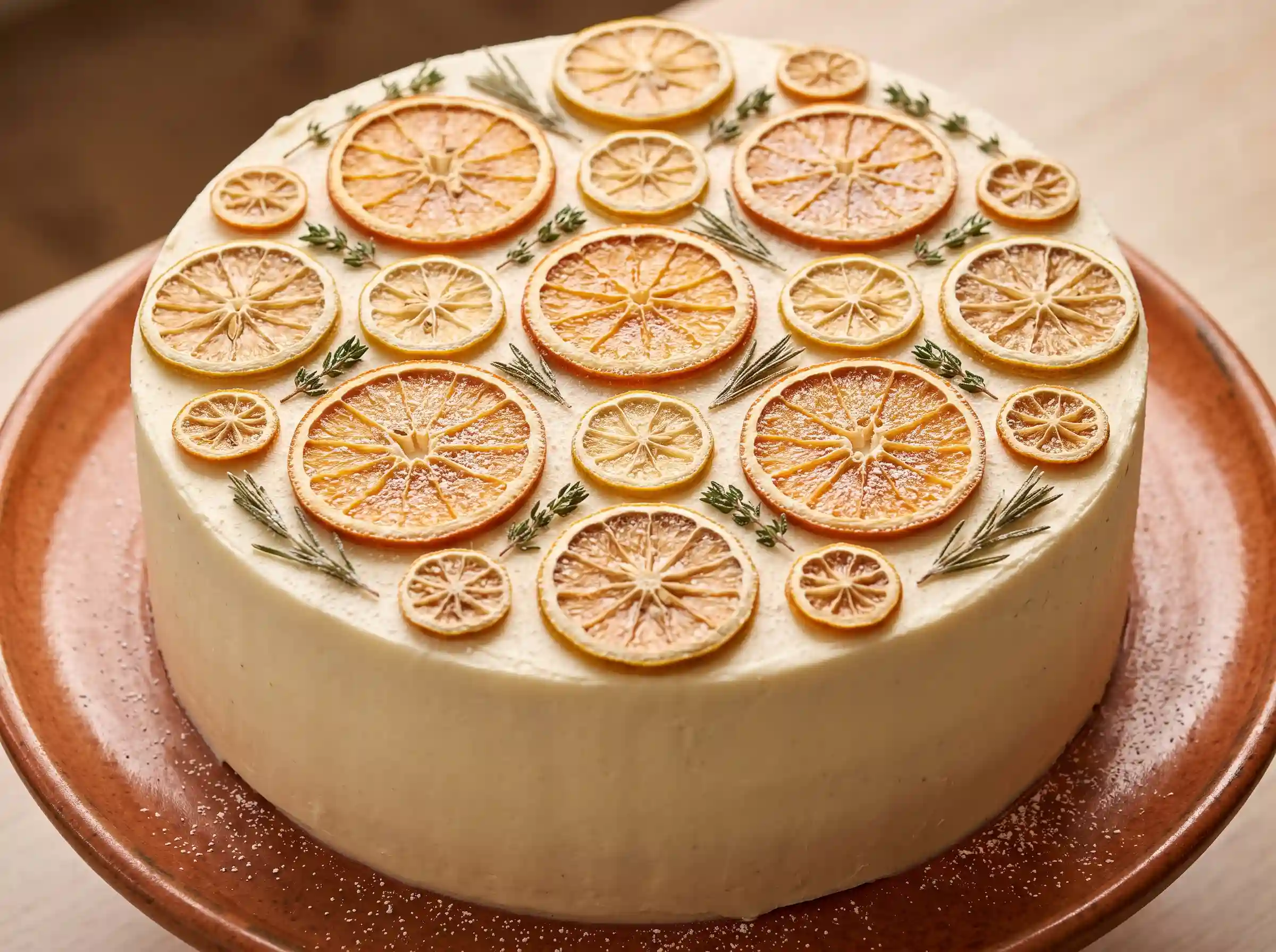 Farmhouse wedding cake topped with dried citrus slices fresh thyme and rosemary on terracotta plate
