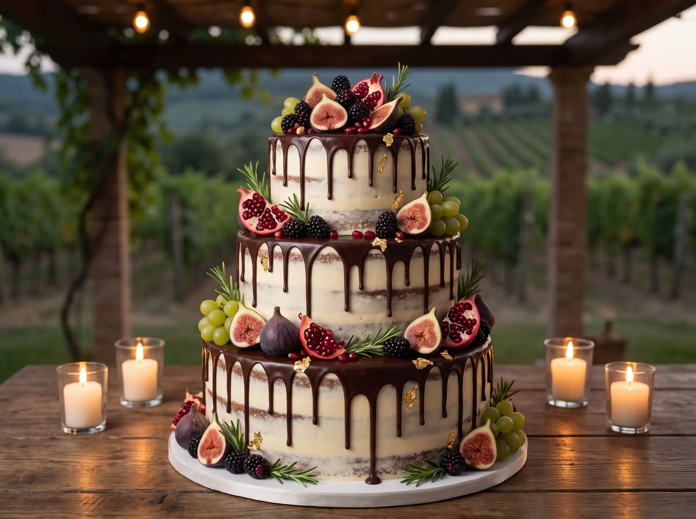 Semi-naked wedding cake with dark ganache drips halved figs blackberries and pomegranate arils