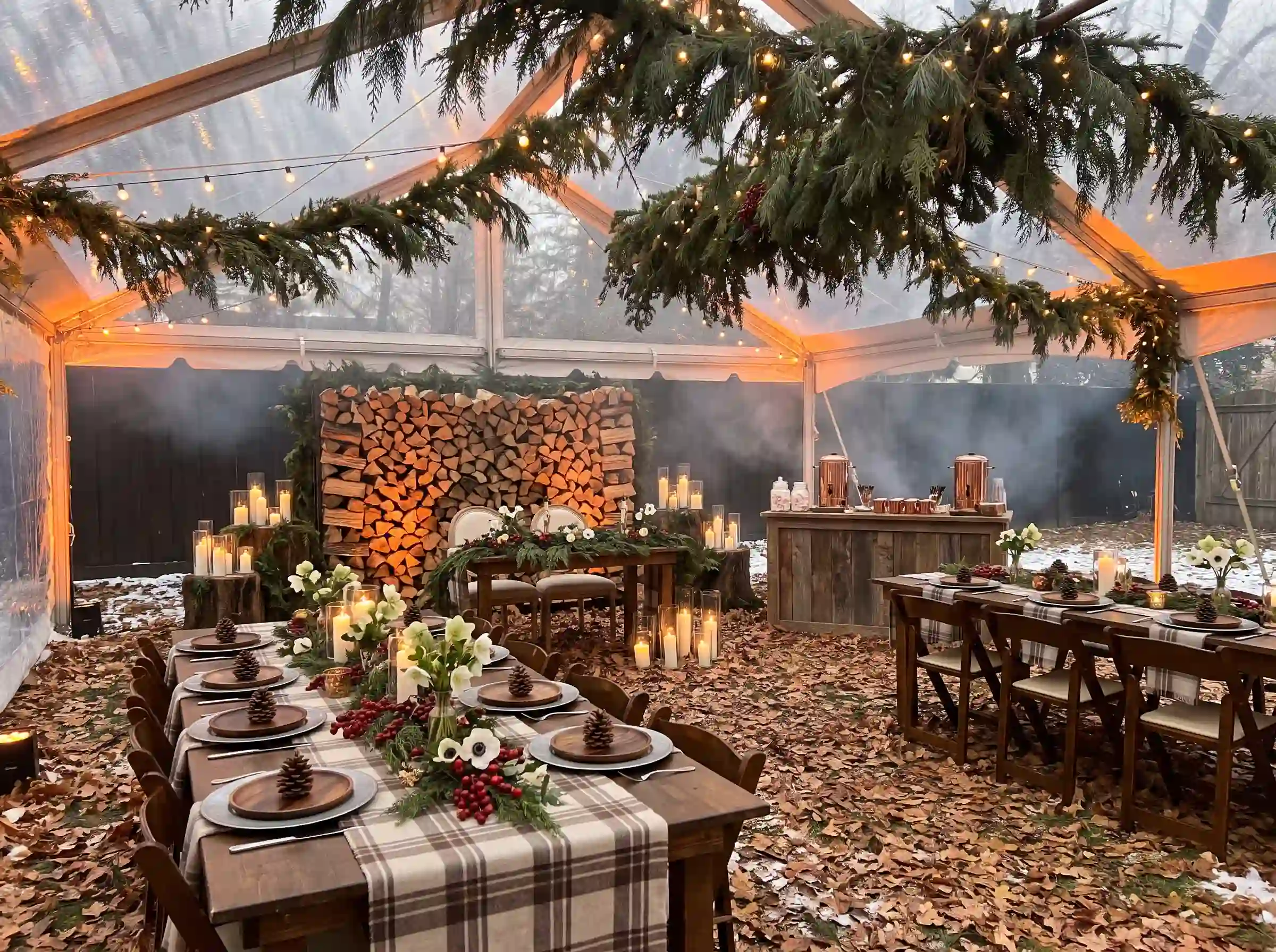 Winter woodsmoke backyard wedding reception with pine garlands and cranberry accents