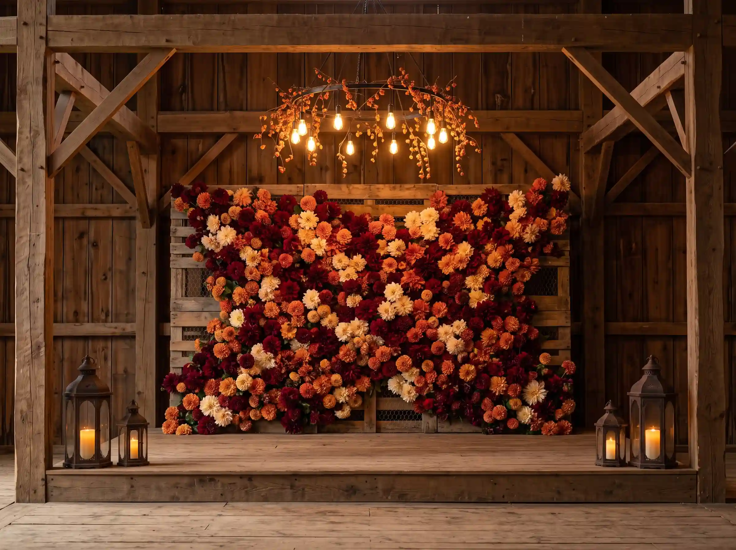 Autumn barn ceremony stage with burgundy rust and cream dahlia backdrop on reclaimed wood pallet and iron lanterns