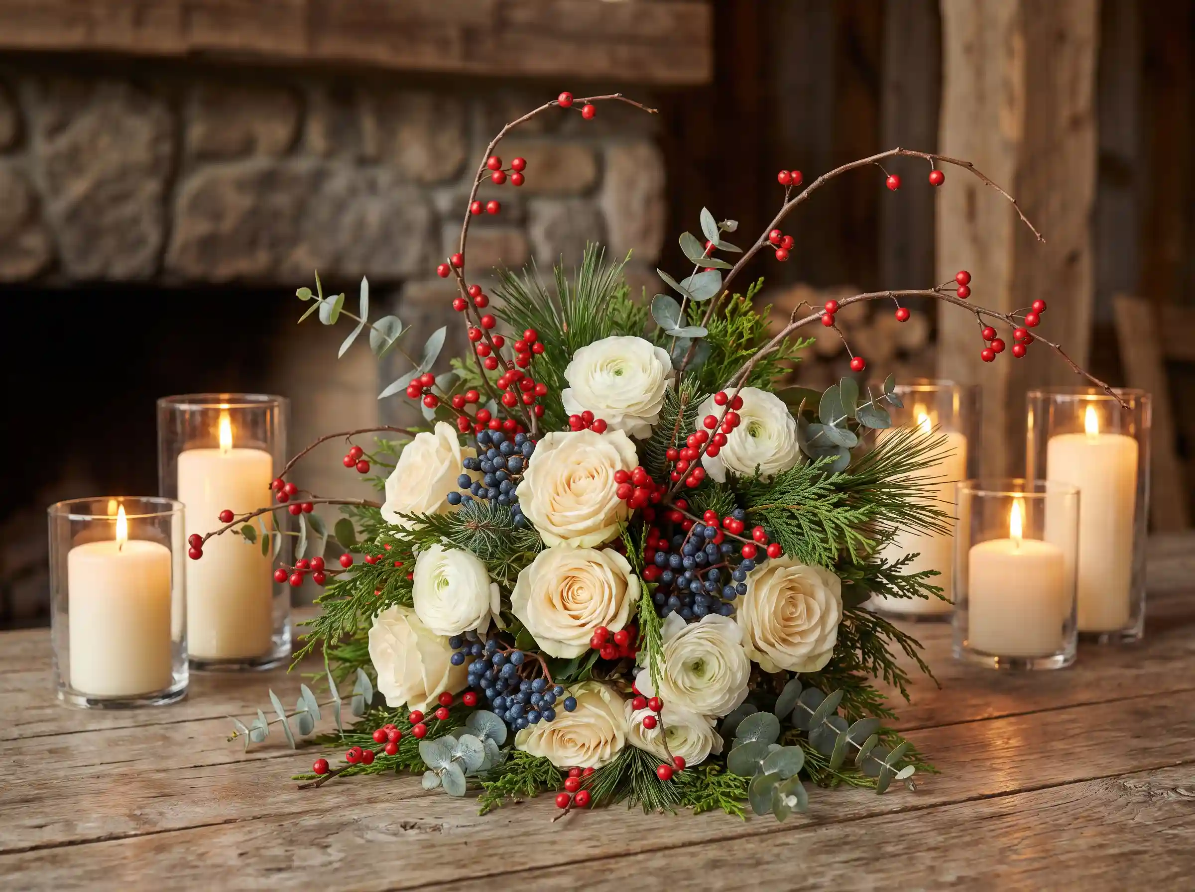 Woodland winter bouquet with ivory roses viburnum berries winterberry branches and pine