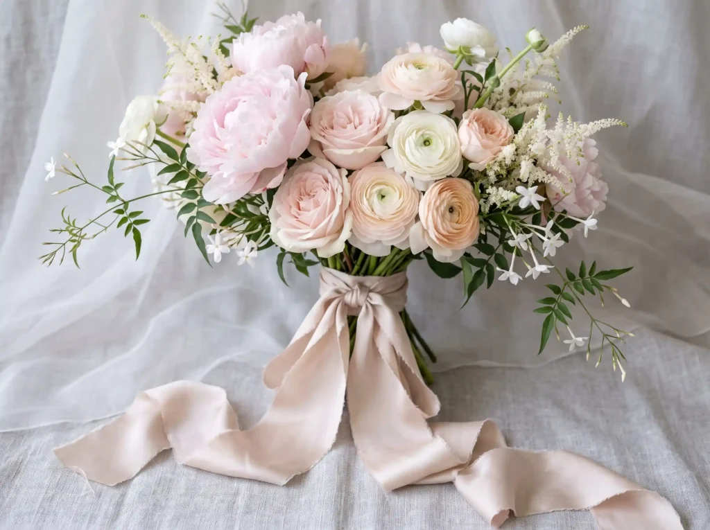 Blooming Silk Garden Inspiration Soft fabrics a Bridal bouquet with silk ribbon