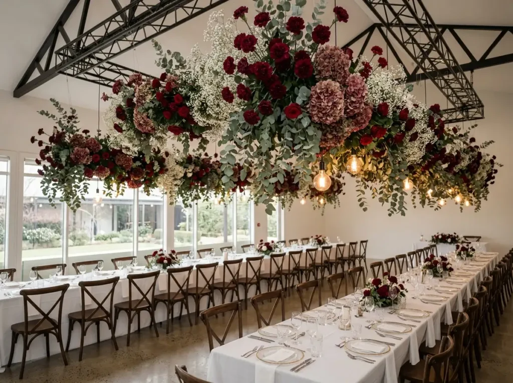 Burgundy Hanging Floral Clouds Inspiration Floa Floral clouds above reception ta…