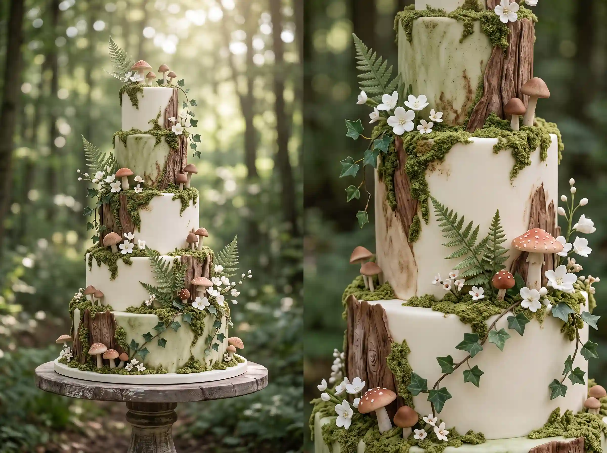 Fairy-tale woodland wedding cake with green moss textures and enchanted forest details