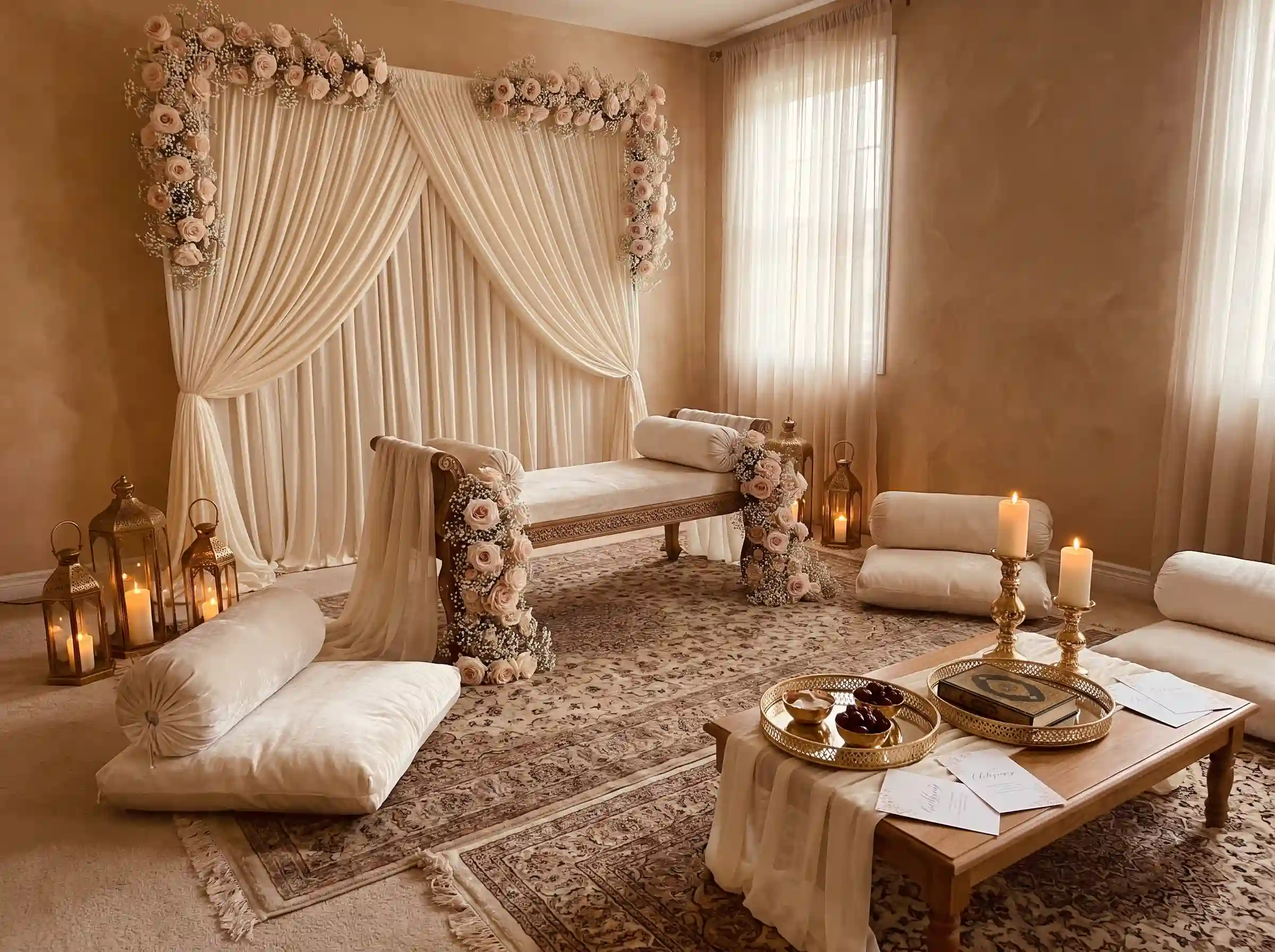 Serene ivory Nikah ceremony nook with low seating white florals and elegant minimal drapery