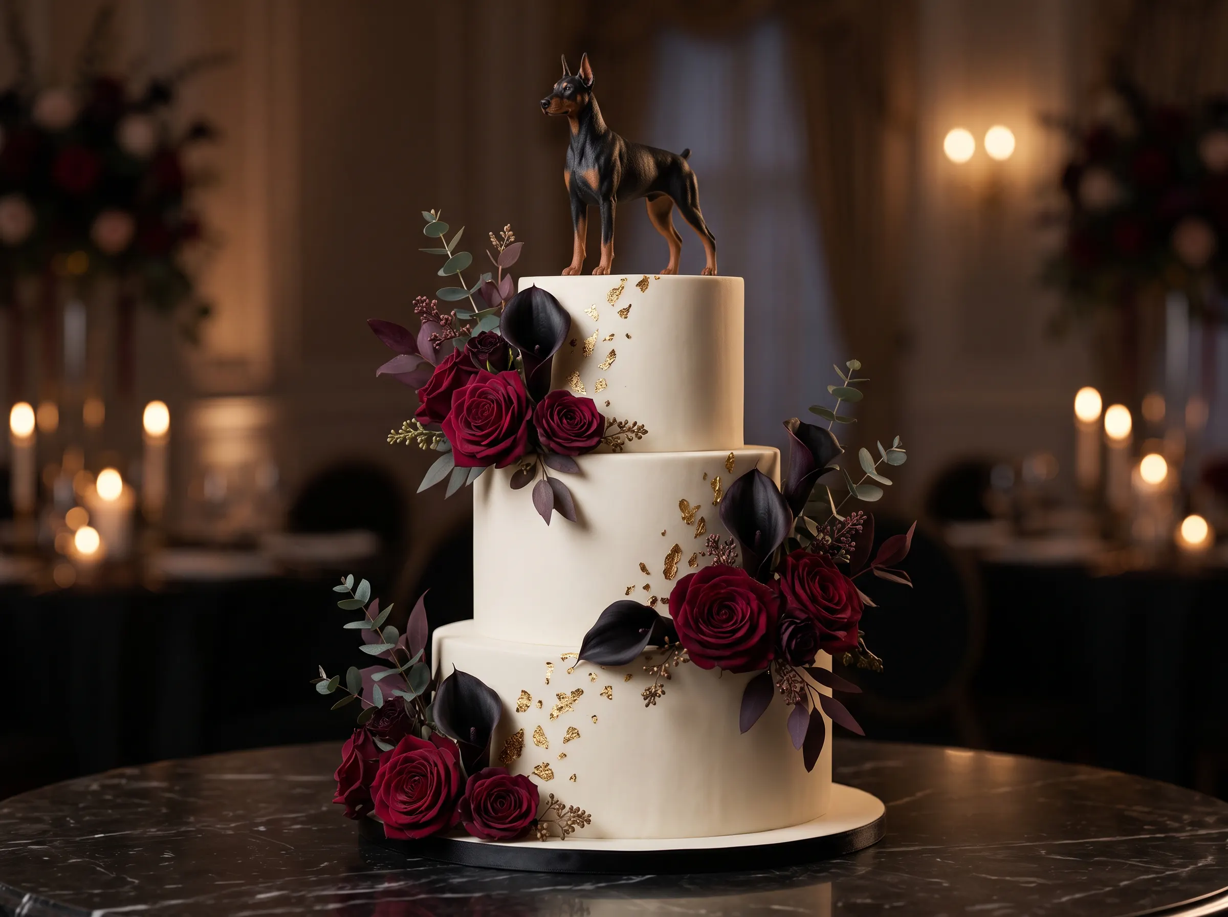 Dramatic dark-toned wedding cake with Doberman figurine topper and deep burgundy roses