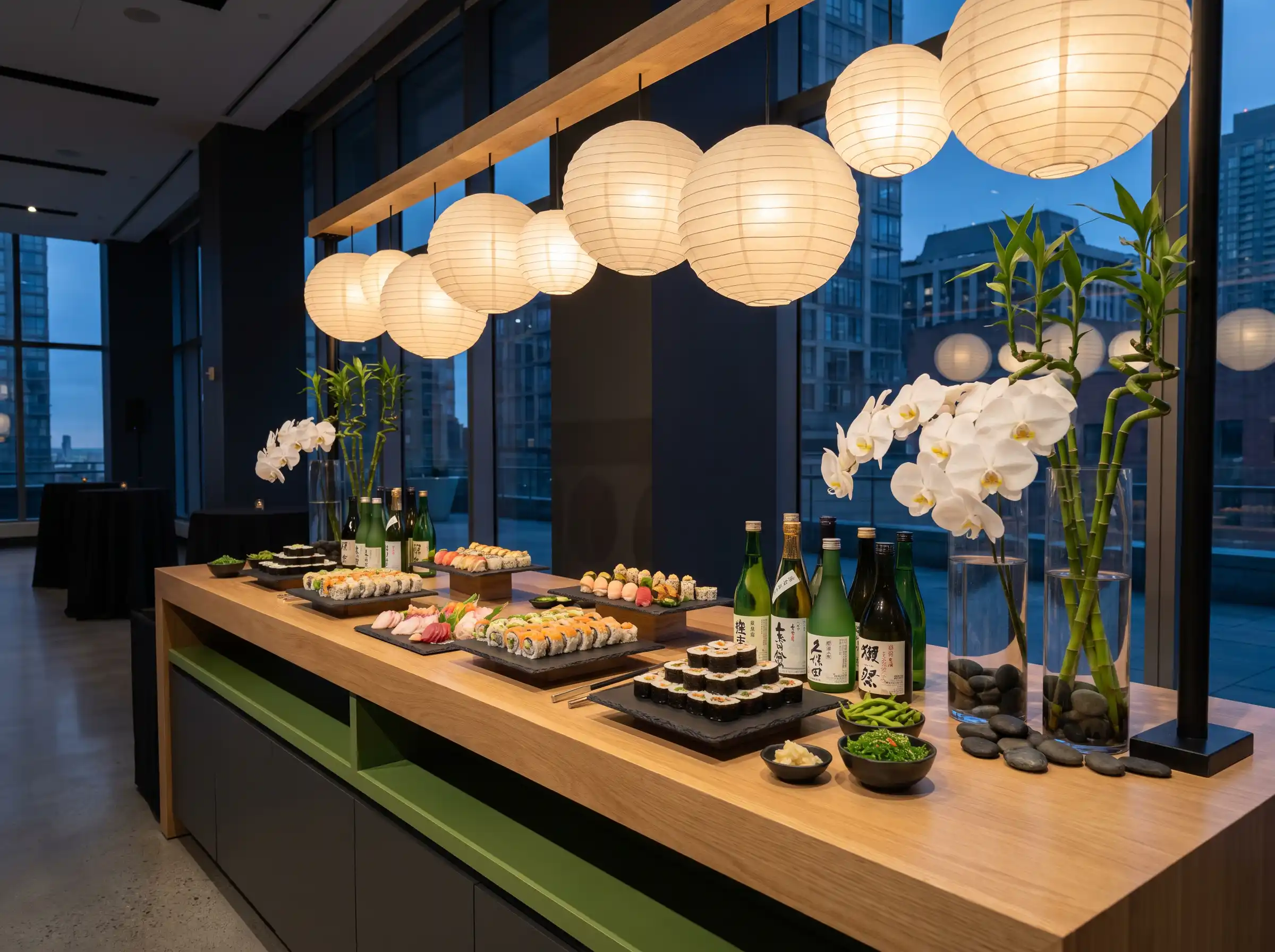 Modern sushi and sake wedding station with oak counter black slate platters and bamboo accents