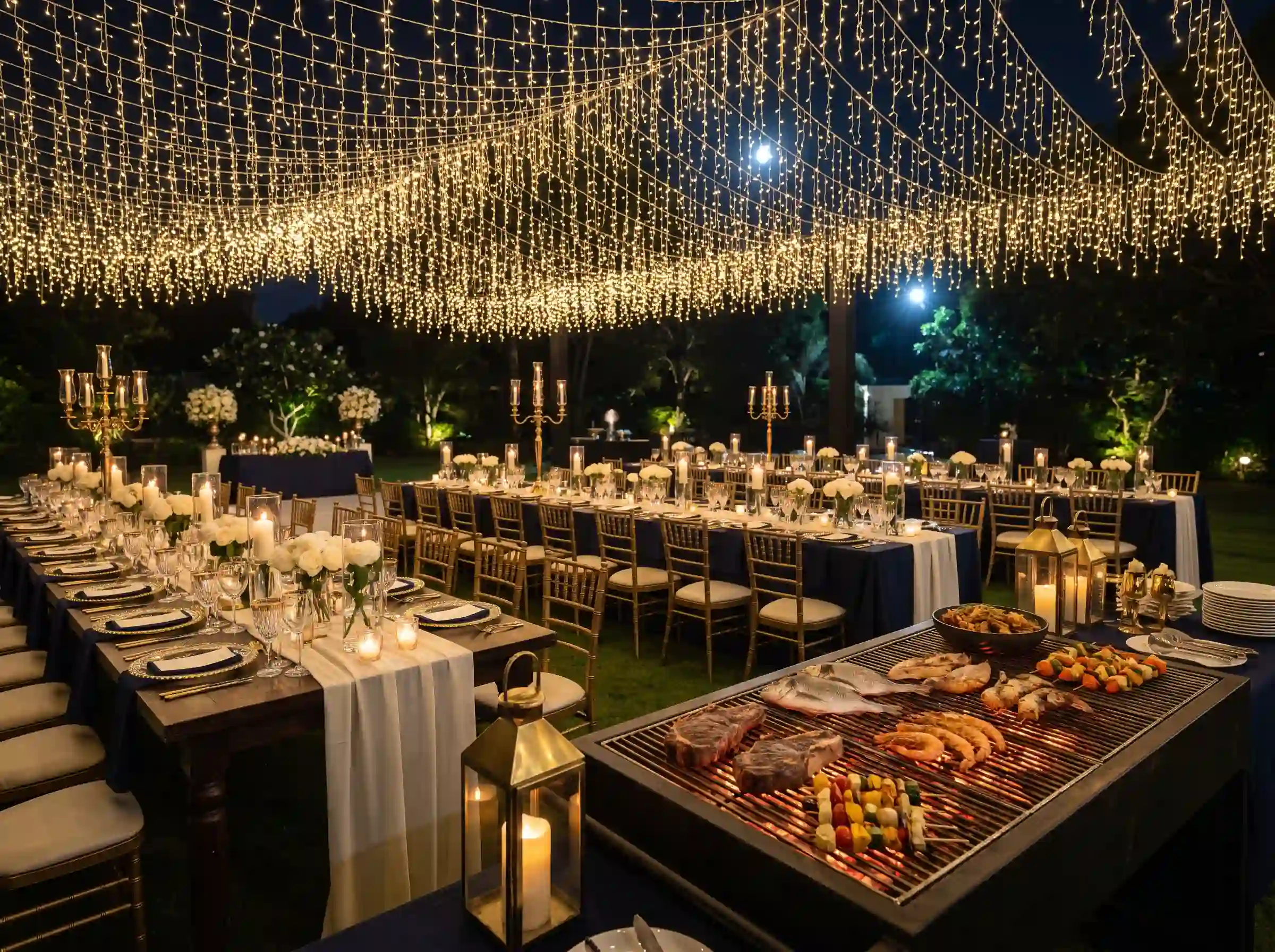 Romantic moonlit backyard BBQ soirée with fairy light canopy and elegant gold accent tablescape