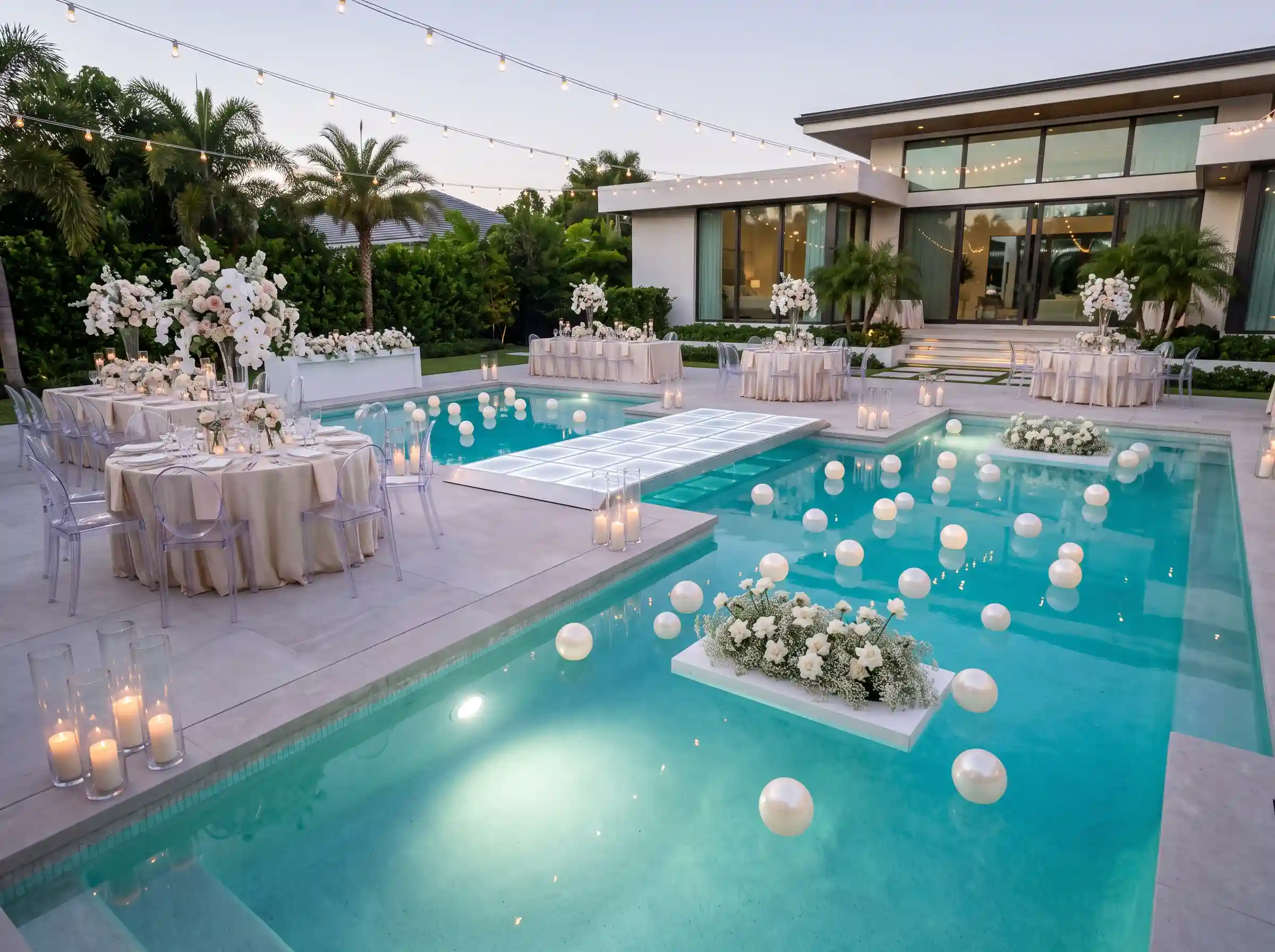 Glamorous poolside pearl reception with floating floral platforms acrylic tables bridge dance floor and orb lights