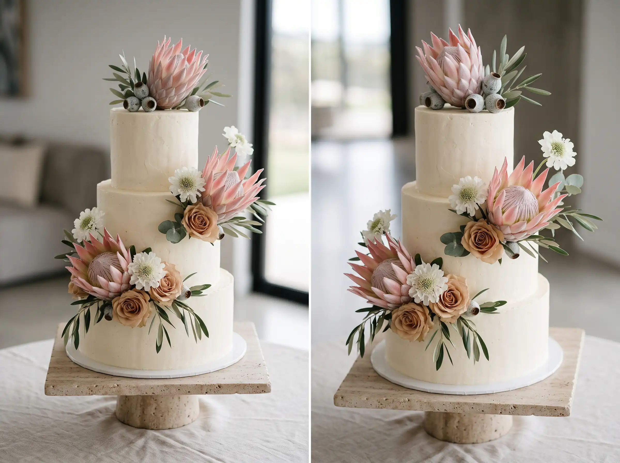 Contemporary wedding cake with king protea and roses blending modern geometric and romantic styles