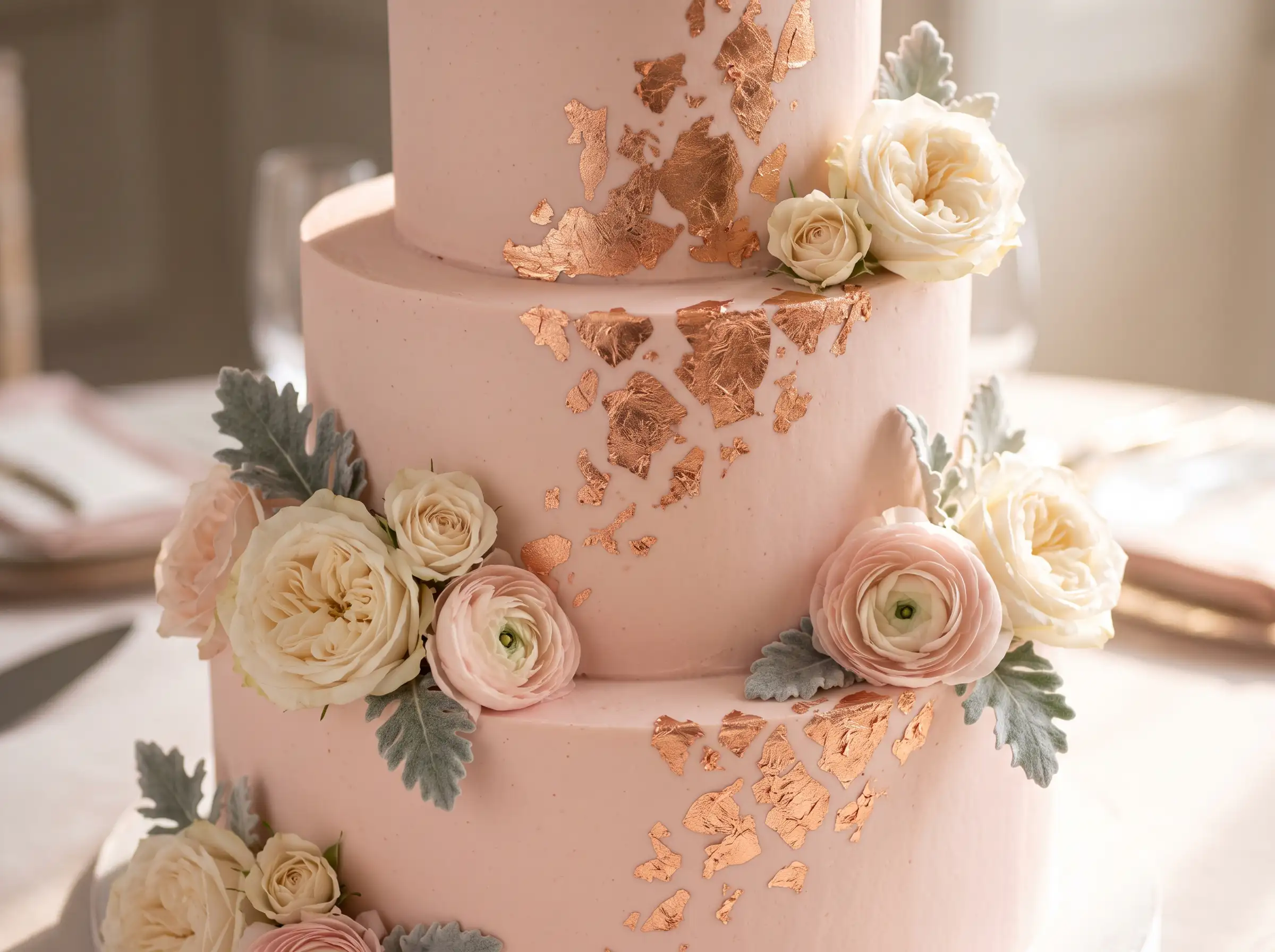 Modern glamorous wedding cake featuring rose gold leaf metallic accents on elegant tiers