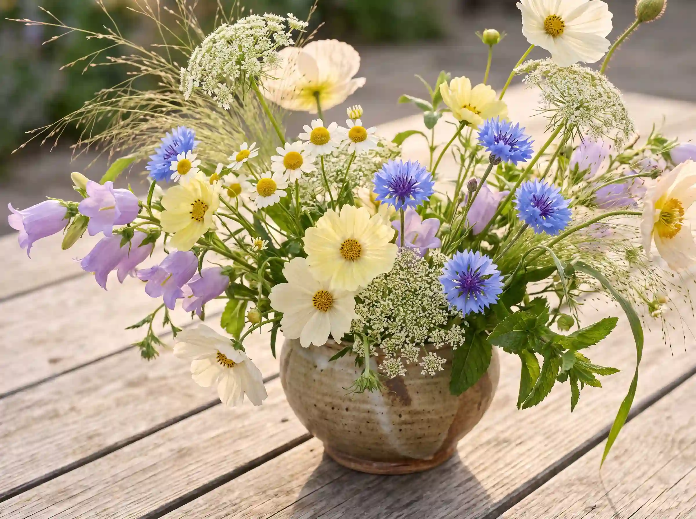 Spring wildflower meadow wedding arrangement with chamomile cornflowers cosmos and poppies in sunrise light