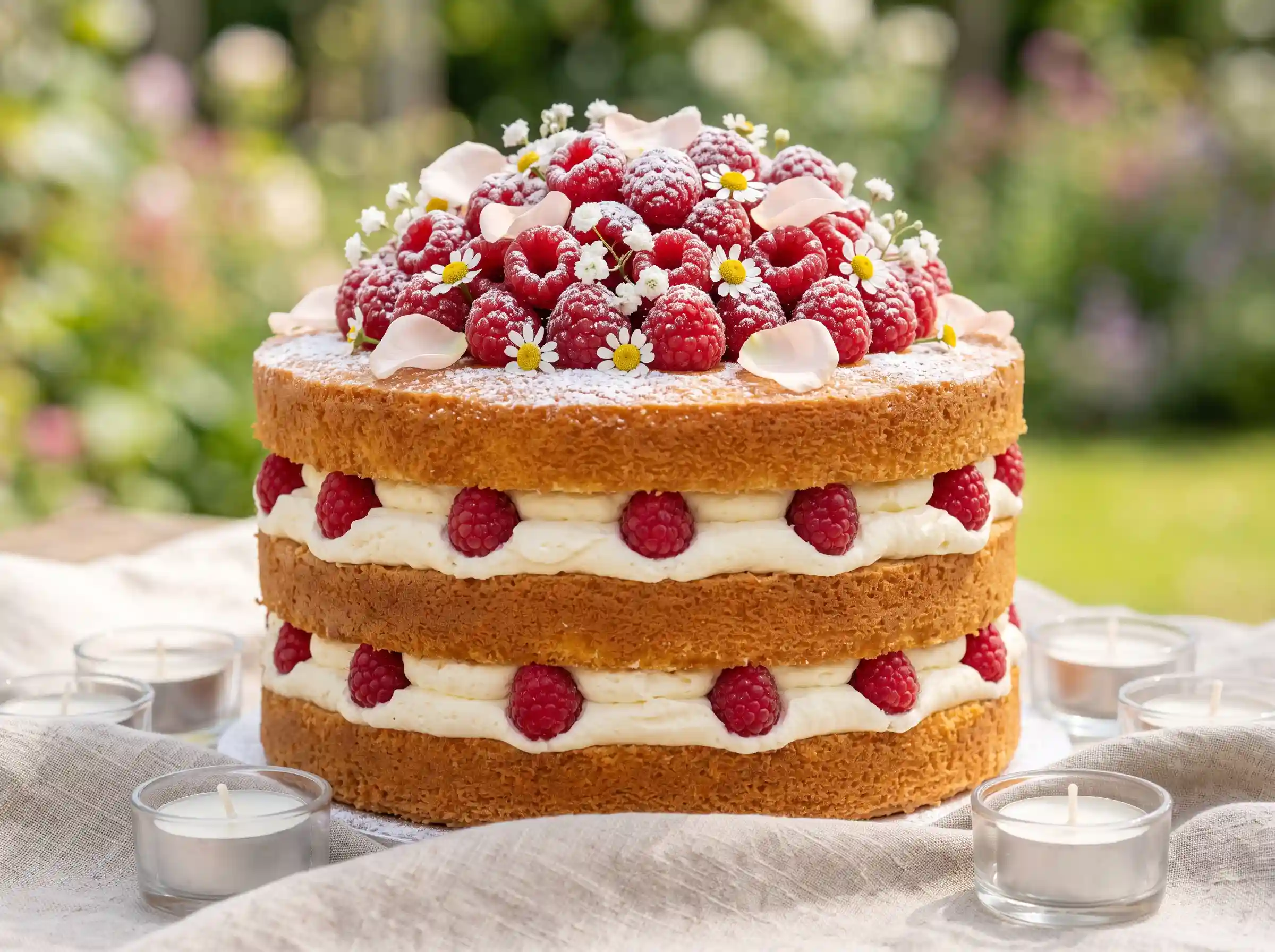 Naked vanilla sponge garden party cake with fresh raspberries whipped cream and blush rose petals