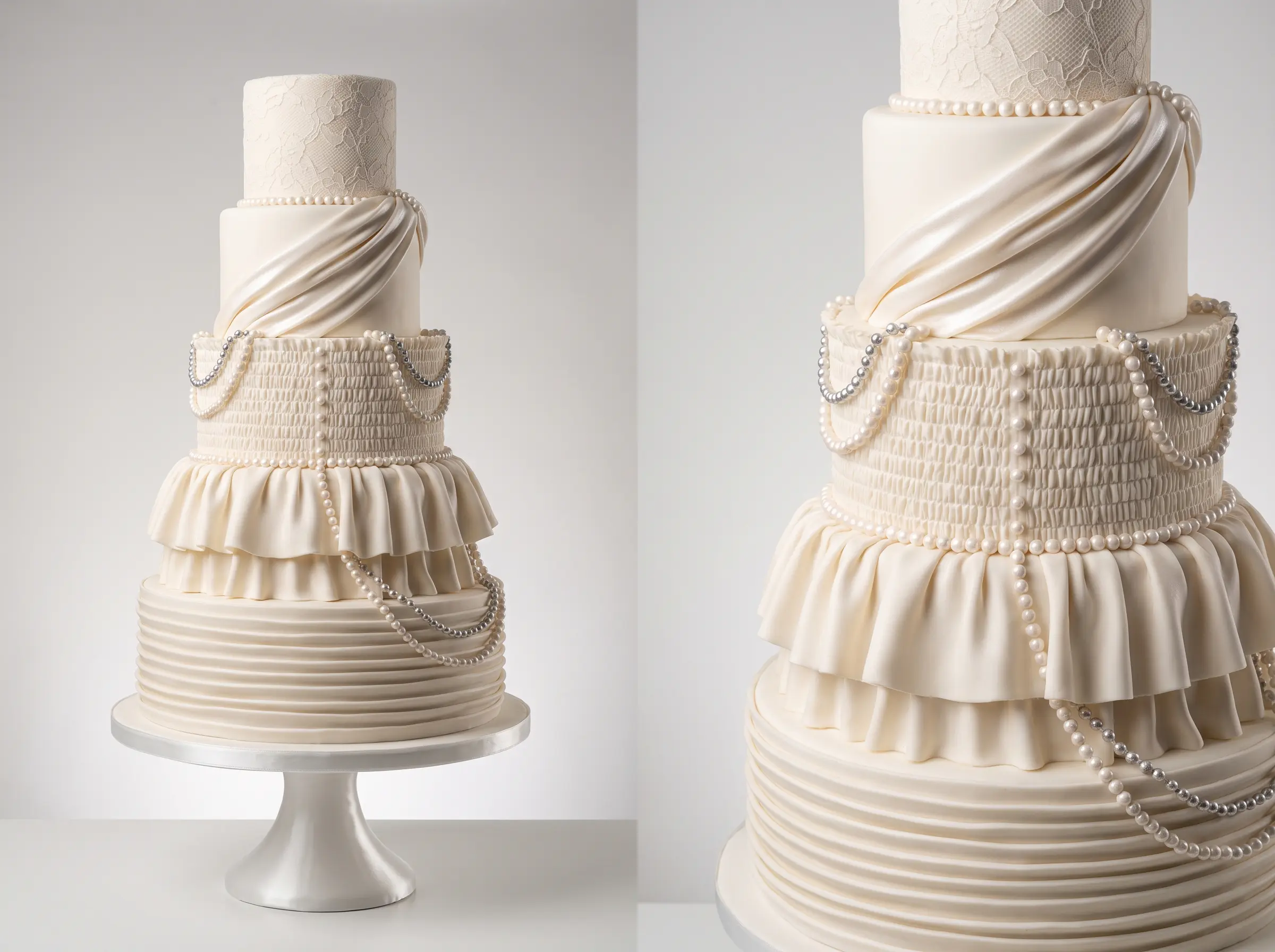Five tier ivory and platinum fondant couture gown wedding cake with pearl strands and fabric textures
