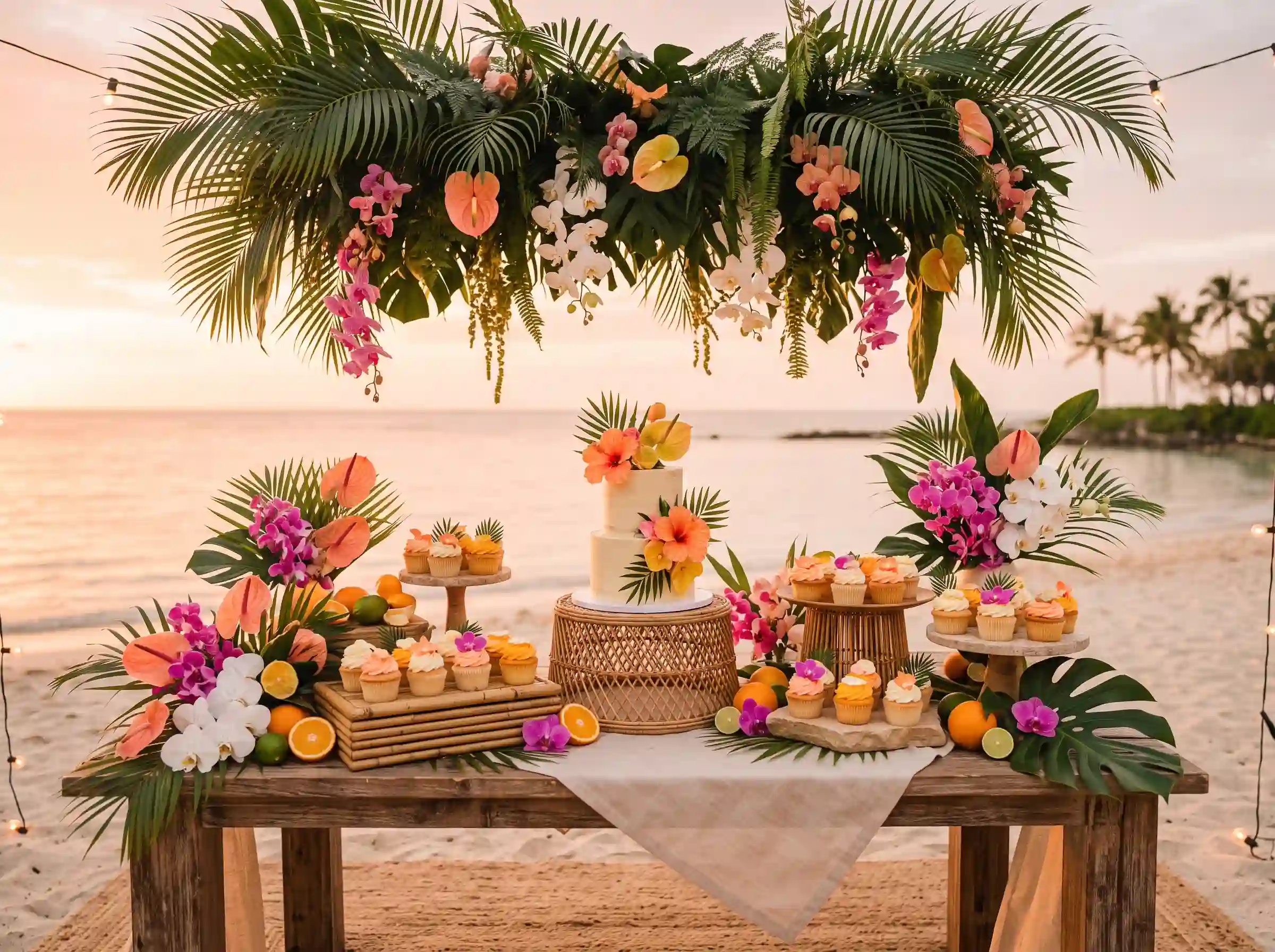 Tropical sunset paradise dessert station with vibrant warm colored small cake and cupcakes