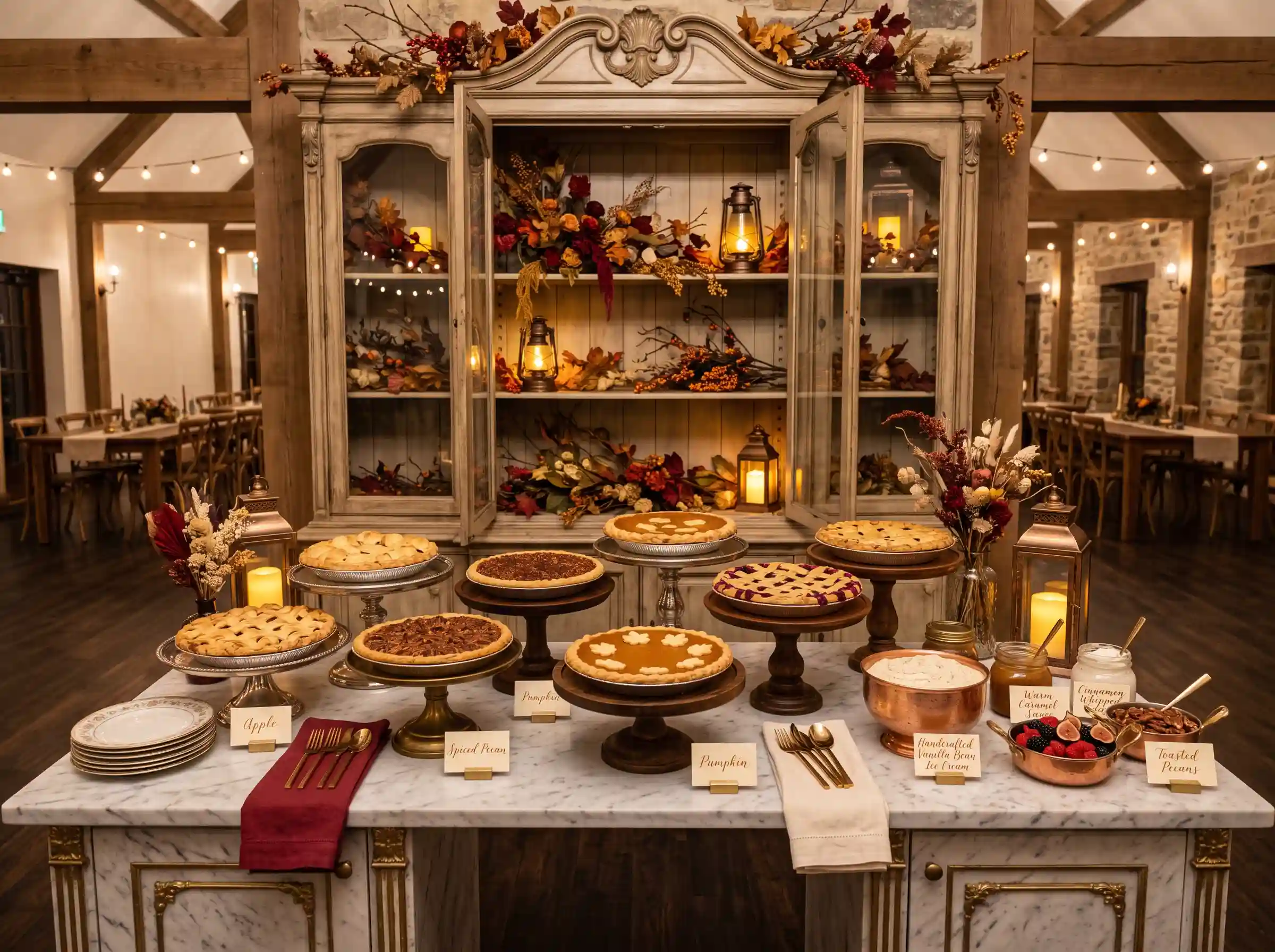 Elegant pie and ice cream dessert buffet with vintage bakery cabinet and autumn florals at wedding reception