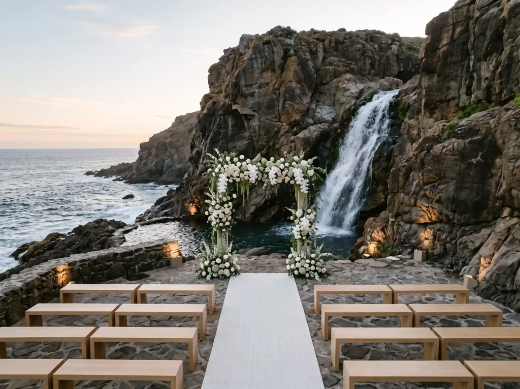 Waterfall Coast Ceremony Inspiration Dramatic c Coastal ceremony beside waterfall K