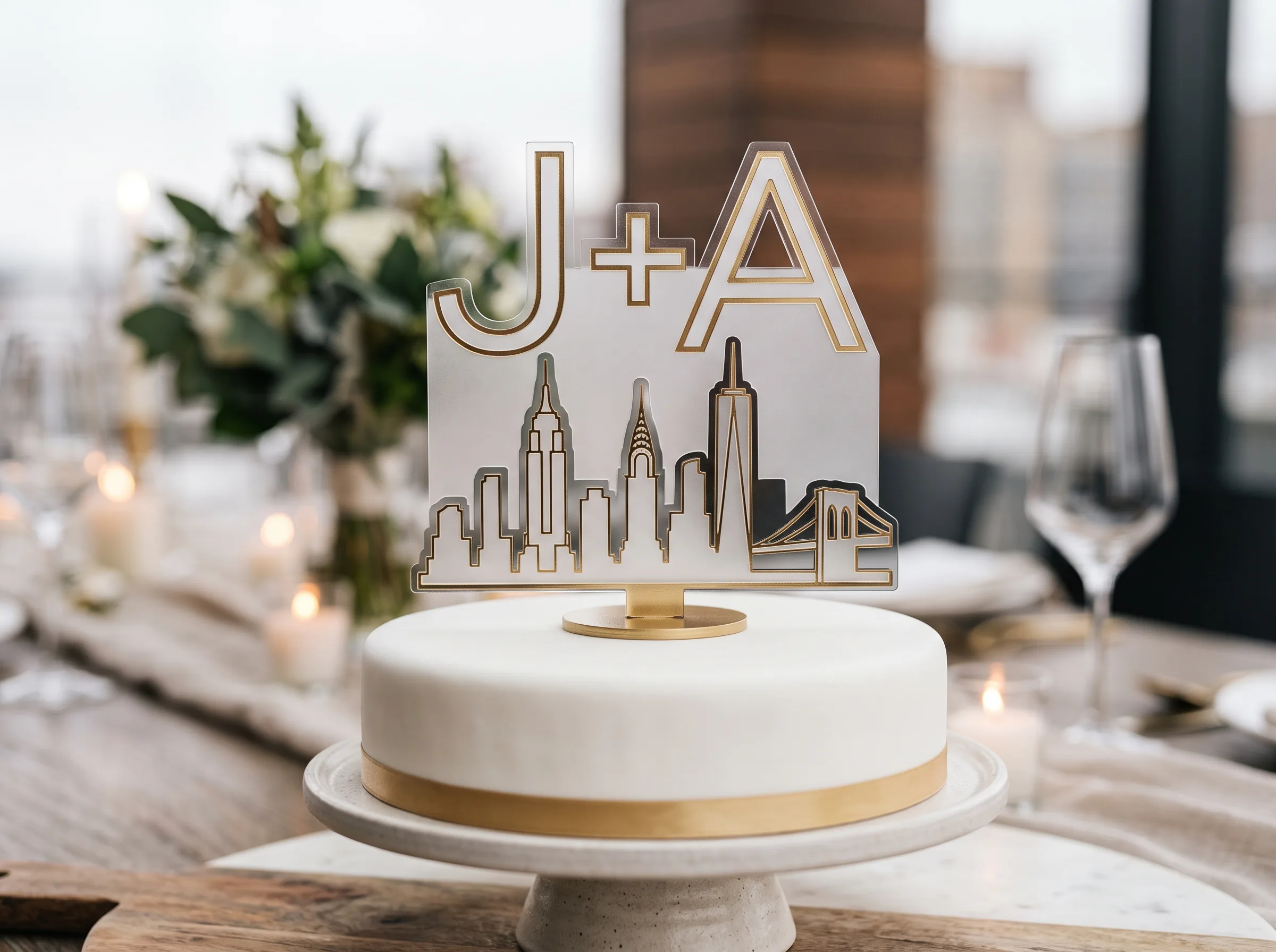 Modern acrylic skyline wedding cake topper featuring city silhouette in clear material