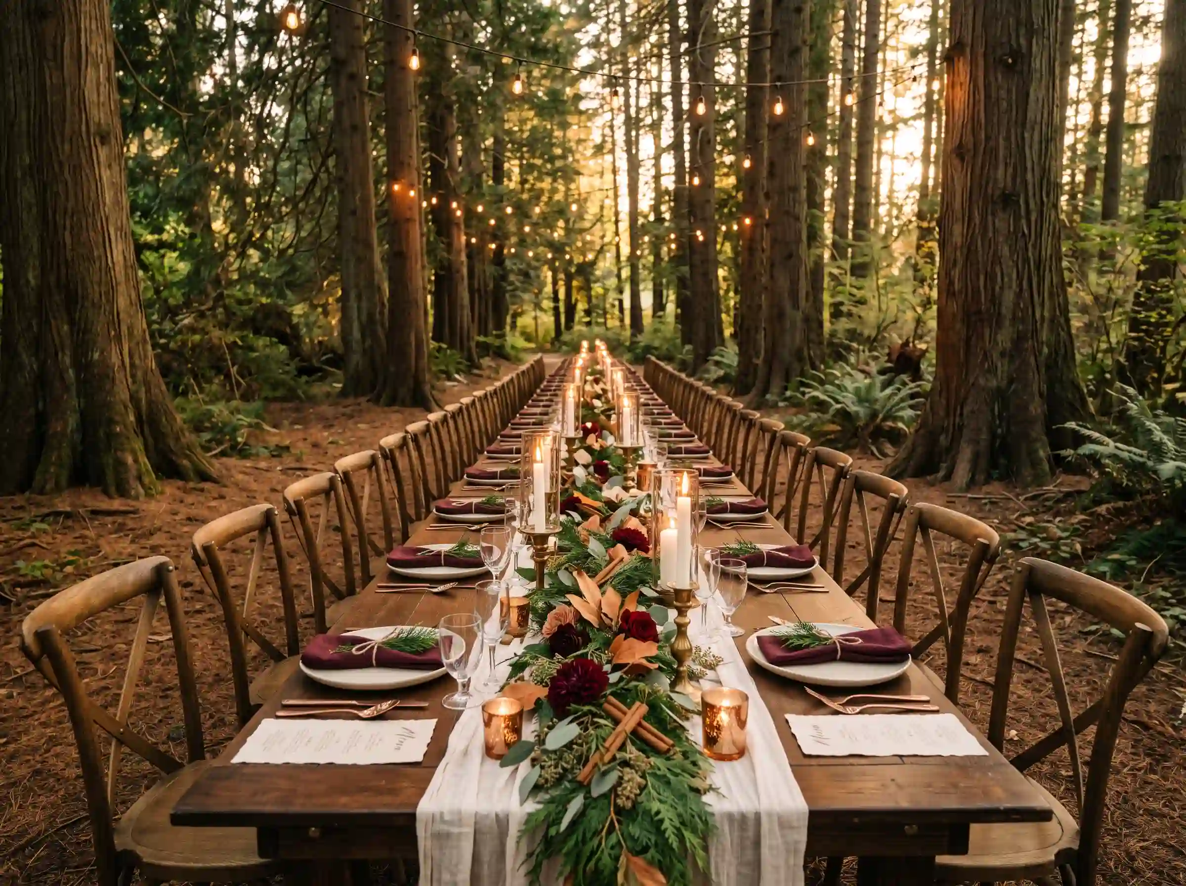Long communal banquet table in a cedar forest with burgundy napkins greenery garland and candlelight